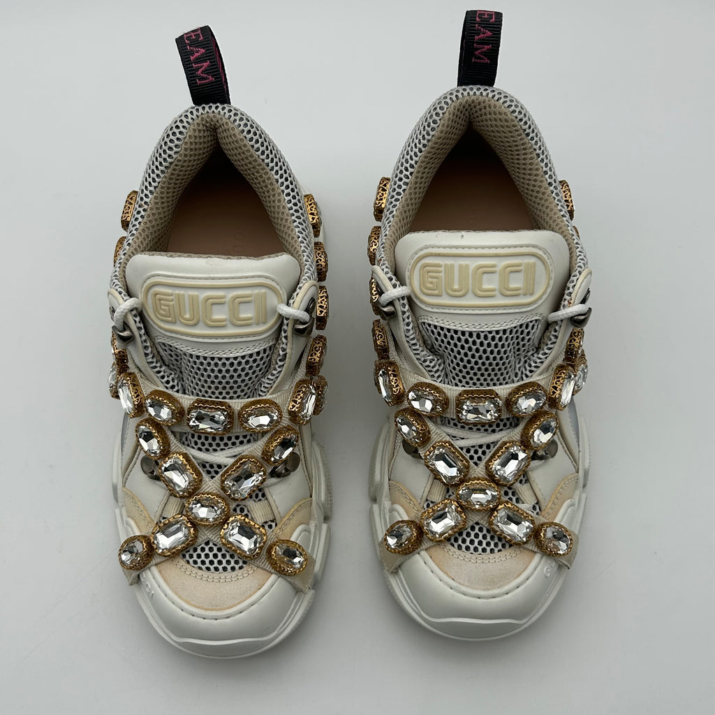 Gucci FlashTrek White Sneakers Women 6.5 Crystal Straps Authentic