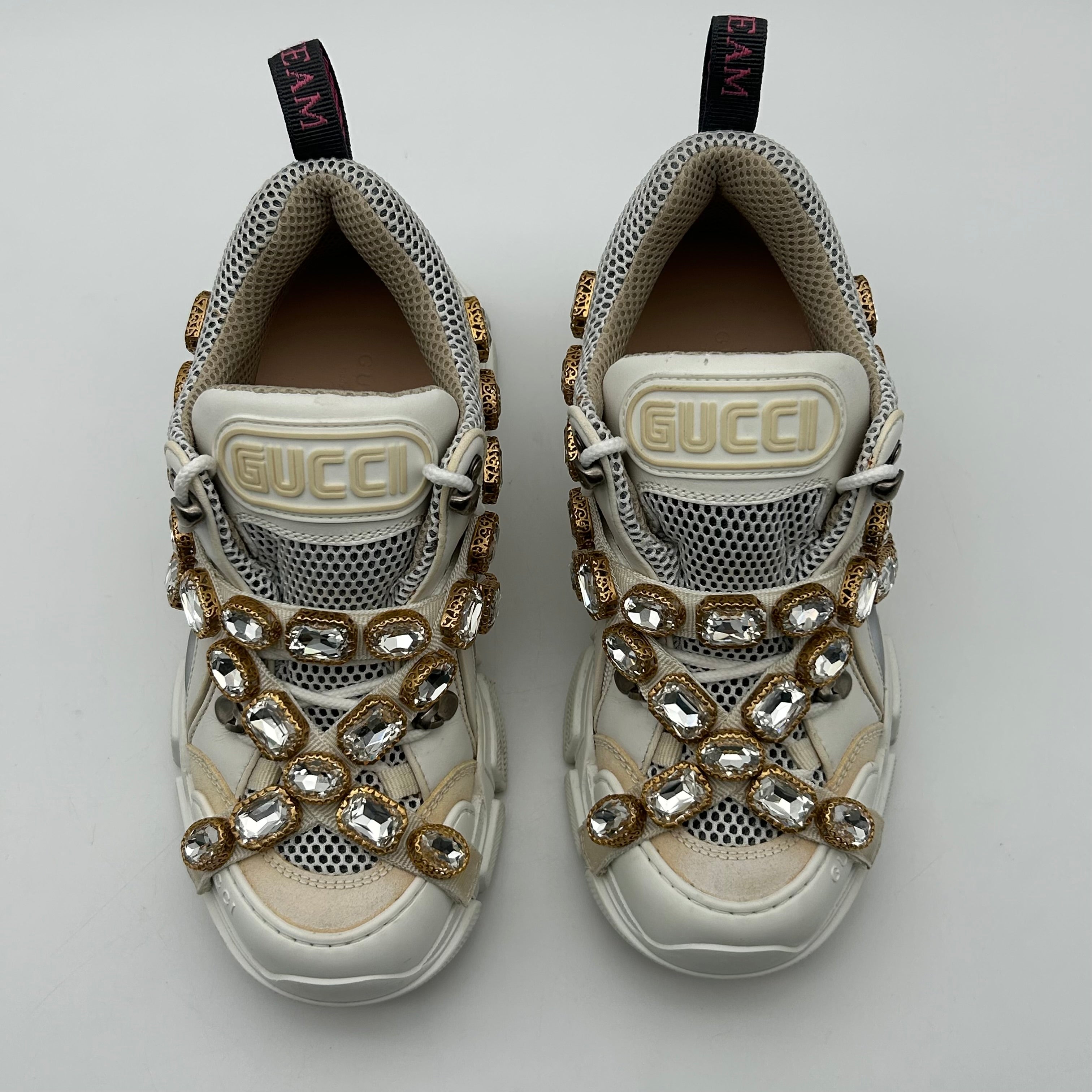 Gucci FlashTrek White Sneakers Women 6.5 Crystal Straps Authentic