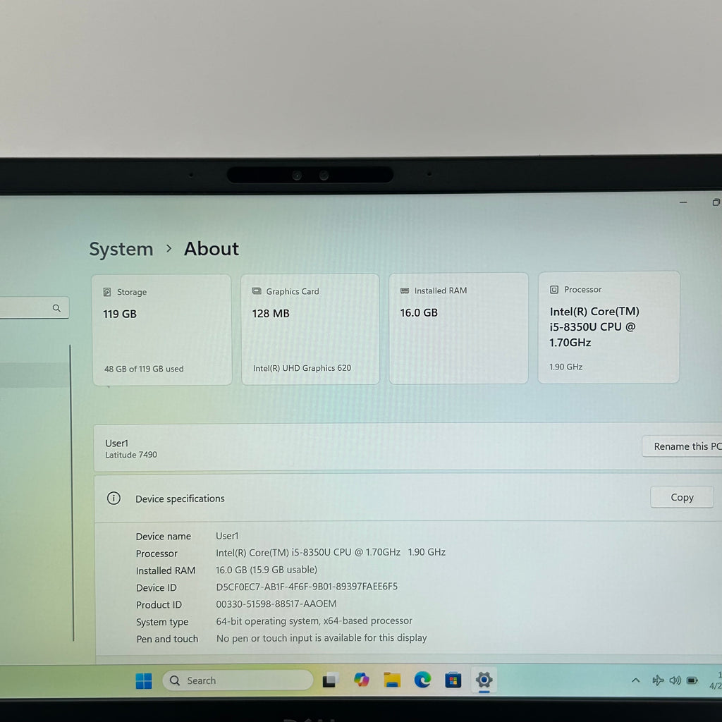 Dell Latitude 7490 14-inch Intel Core i5-8350U 16GB RAM 128GB SSD Black Laptop