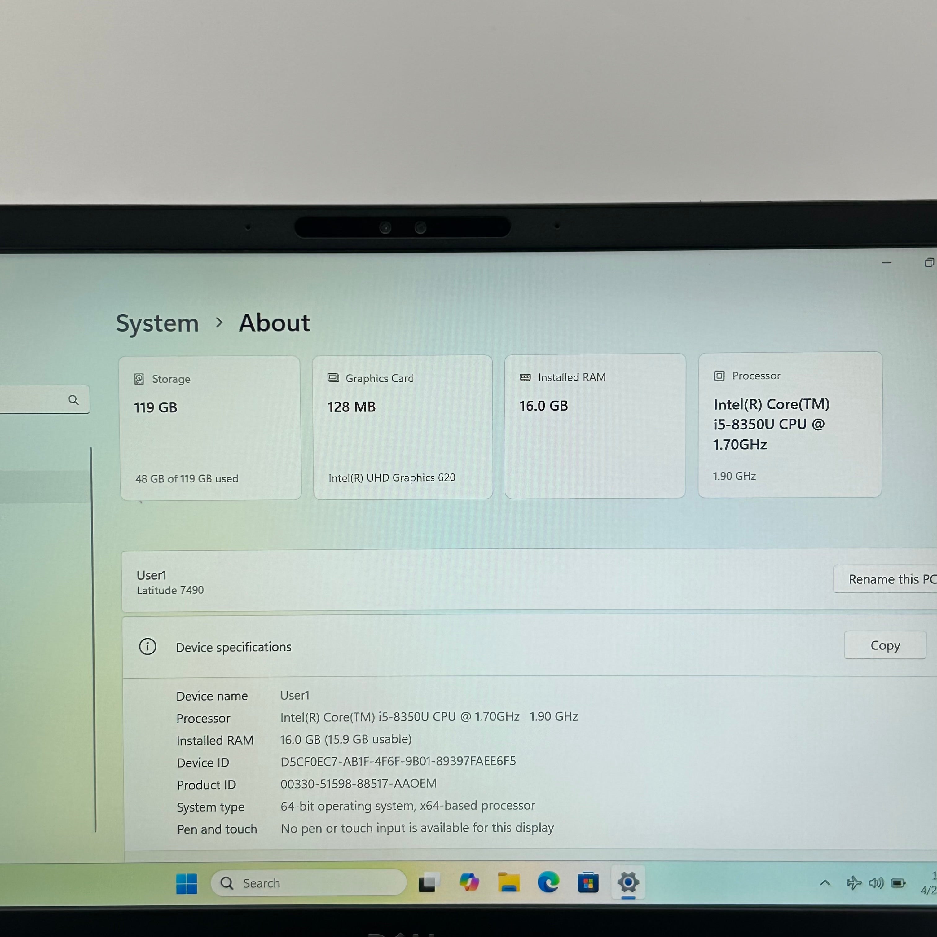 Dell Latitude 7490 14-inch Intel Core i5-8350U 16GB RAM 128GB SSD Black Laptop