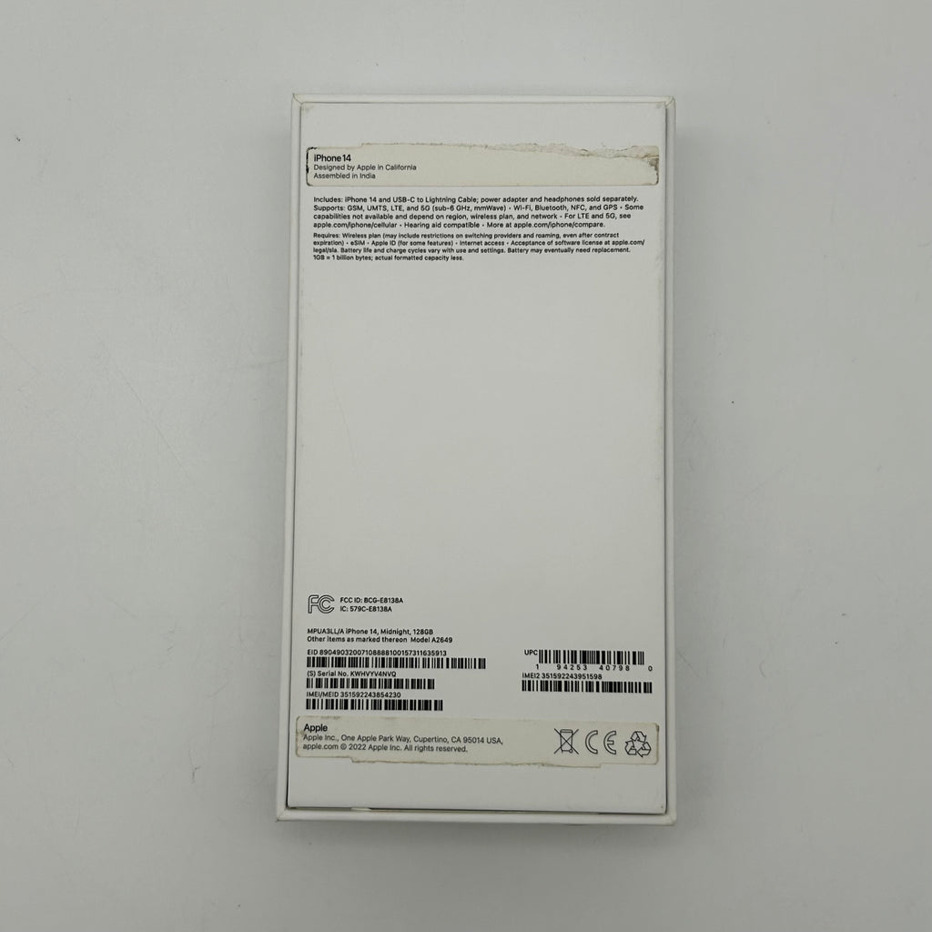 Apple iPhone 14 - 128 GB - A2649 -  Midnight (Unlocked) - 85% BH