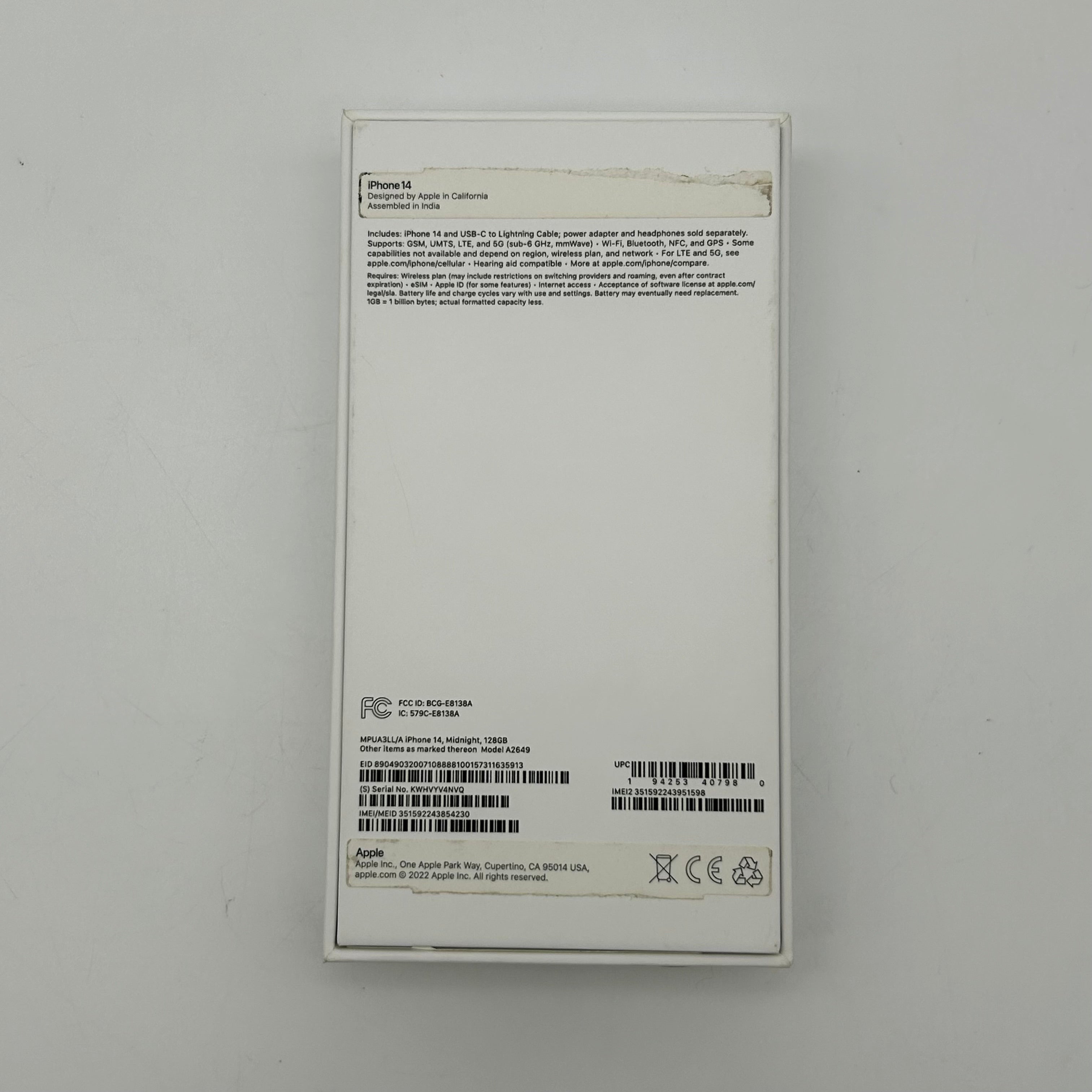 Apple iPhone 14 - 128 GB - A2649 -  Midnight (Unlocked) - 85% BH