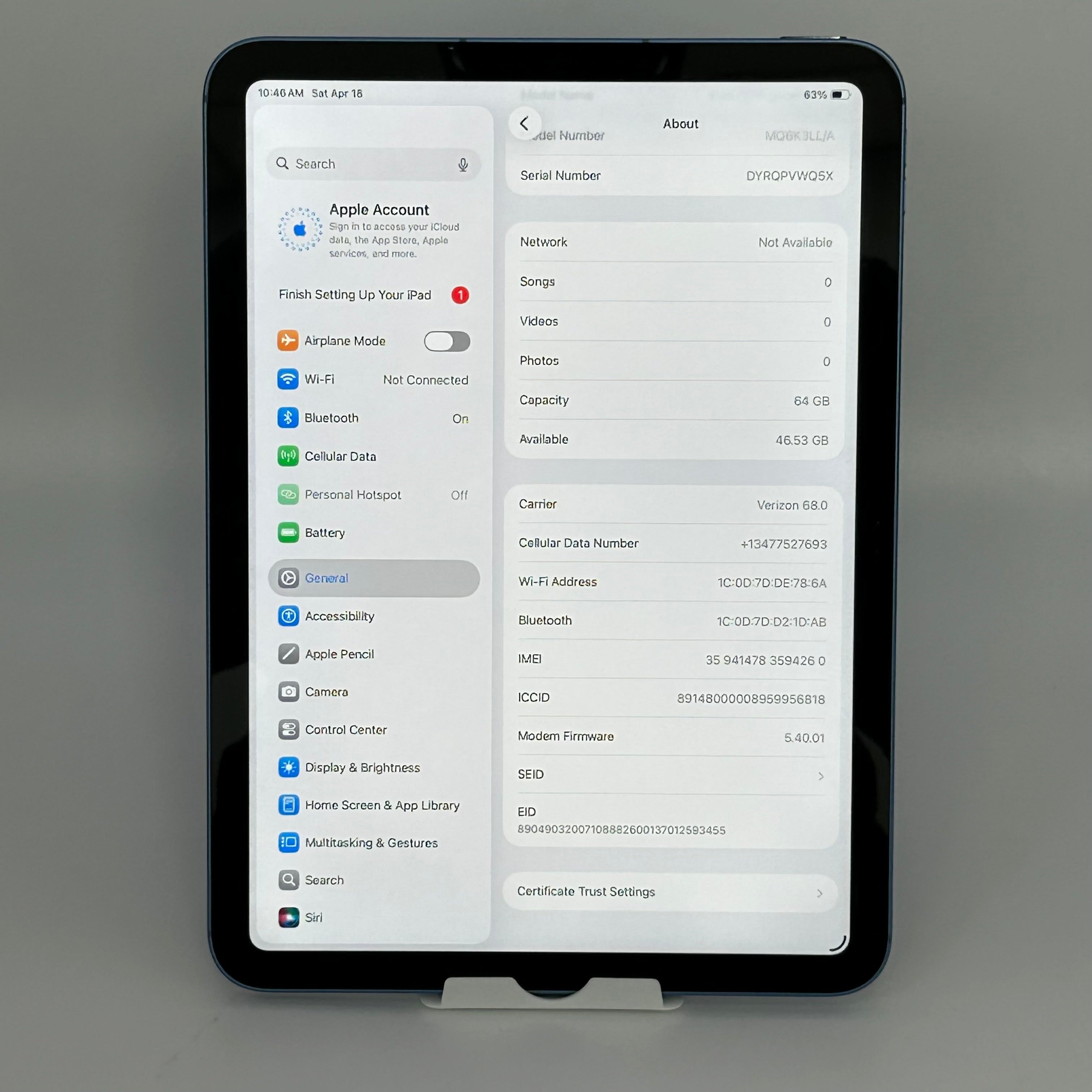 Unlocked Apple iPad (10th Gen) A2757 64GB Blue (Wi-Fi+Cellular) 10.9 MQ6K3LL/A