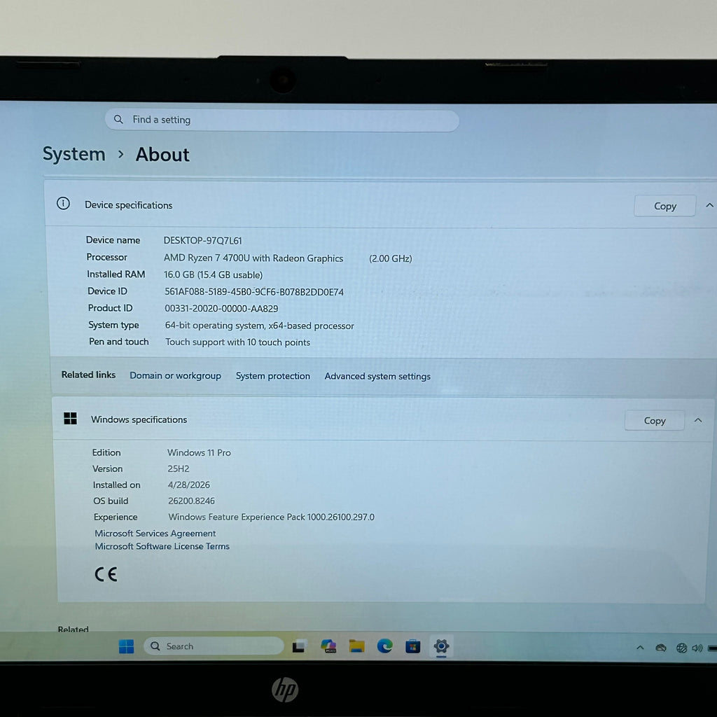 HP 15-ef1013dx 15.6-inch Laptop Ryzen 7 4700U 16GB RAM 512GB SSD Windows 11 Pro Silver