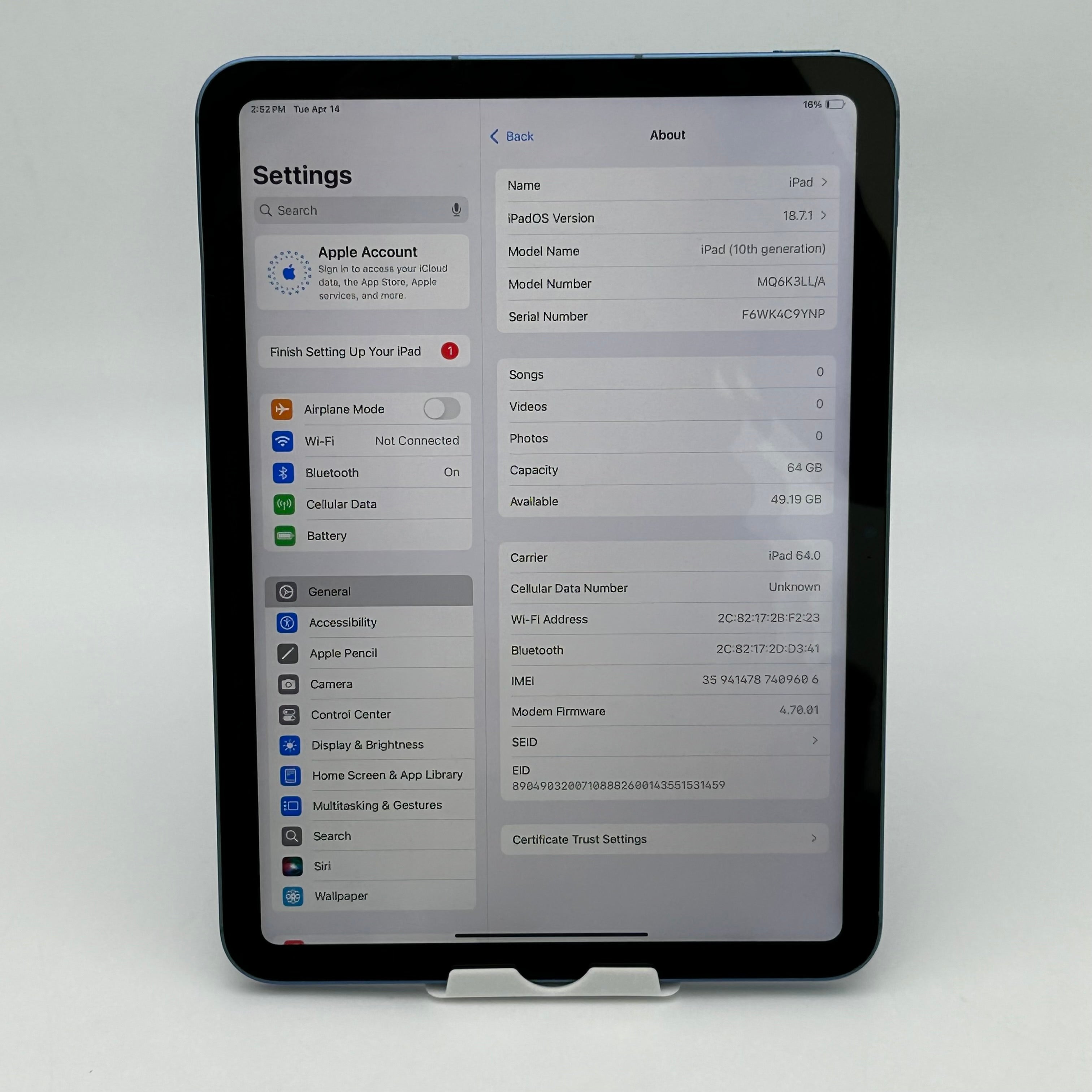 Unlocked Apple iPad (10th Generation) A2757 64GB MQ6K3LL/A  Blue Wi-Fi + 5G Blue