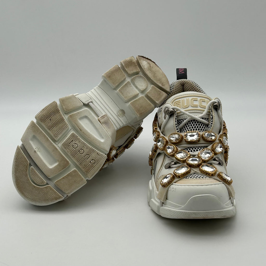 Gucci FlashTrek White Sneakers Women 6.5 Crystal Straps Authentic