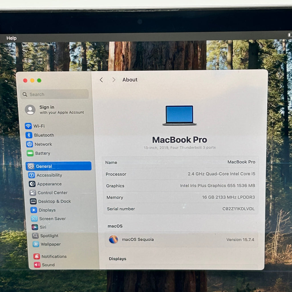 Apple MacBook Pro 13 2019 A1989 i5 2.4GHz 16GB 256GB Service Battery