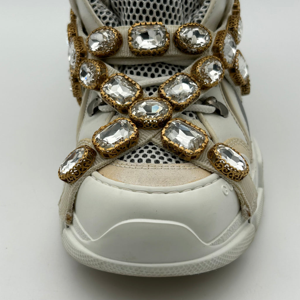 Gucci FlashTrek White Sneakers Women 6.5 Crystal Straps Authentic