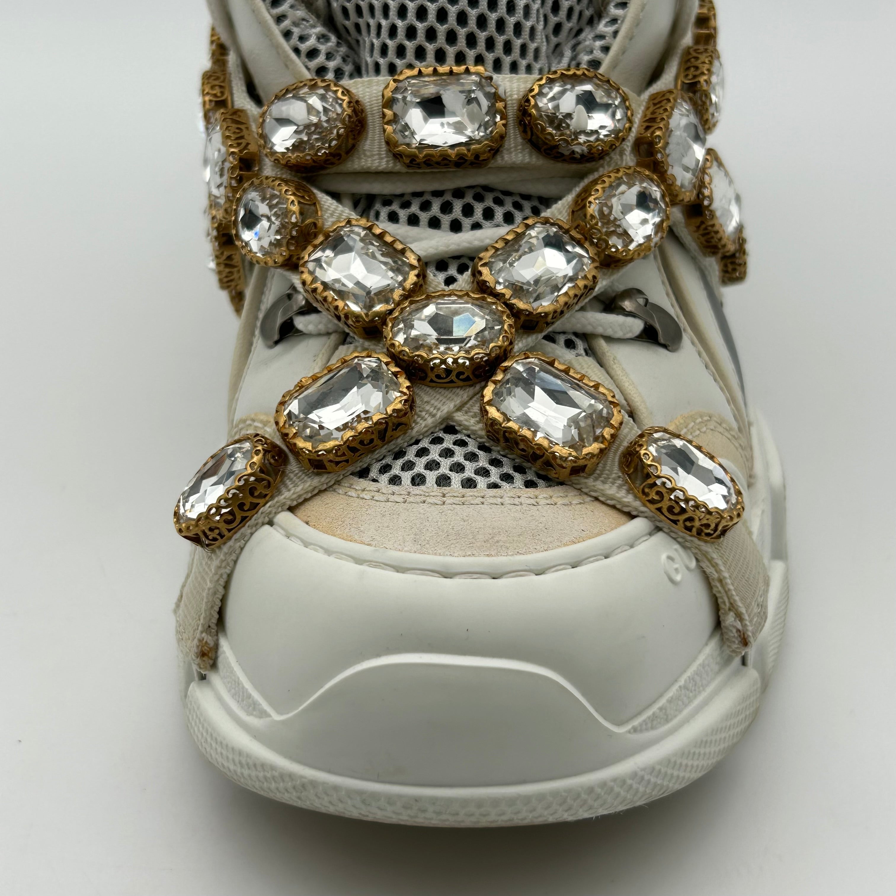 Gucci FlashTrek White Sneakers Women 6.5 Crystal Straps Authentic