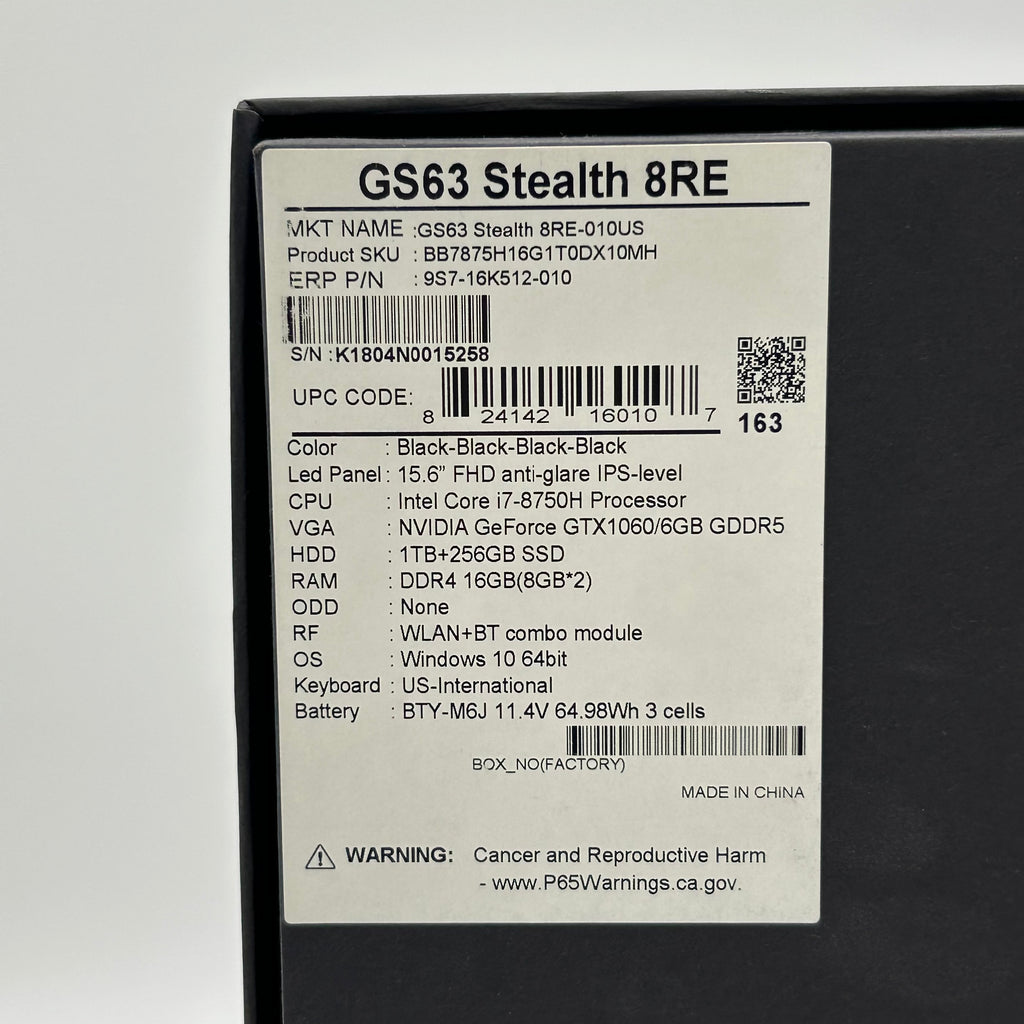 MSI GS63 Stealth 8RE 15.6" FHD 120Hz Intel Core i7-8750H 16GB RAM 256GB SSD 1TB HDD Black Gaming Laptop Used With Box