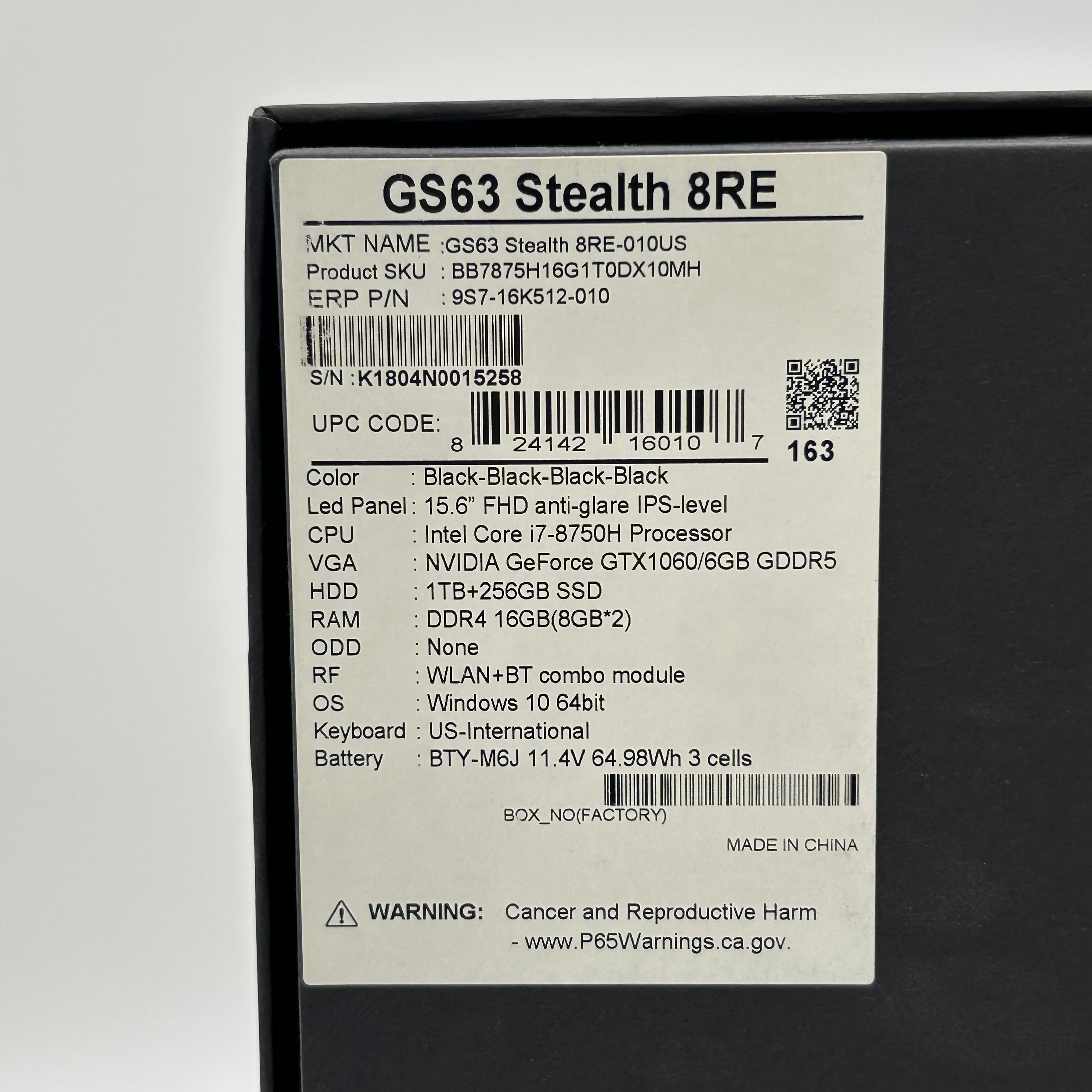 MSI GS63 Stealth 8RE 15.6" FHD 120Hz Intel Core i7-8750H 16GB RAM 256GB SSD 1TB HDD Black Gaming Laptop Used With Box