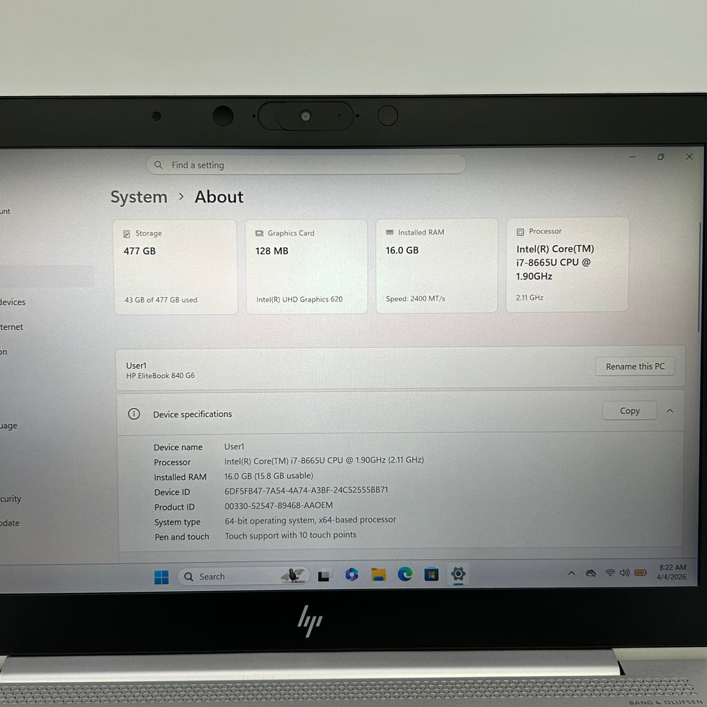 HP EliteBook 840 G6 14-inch Intel Core i7-8665U 16GB 512GB SSD Windows 11 Pro Laptop