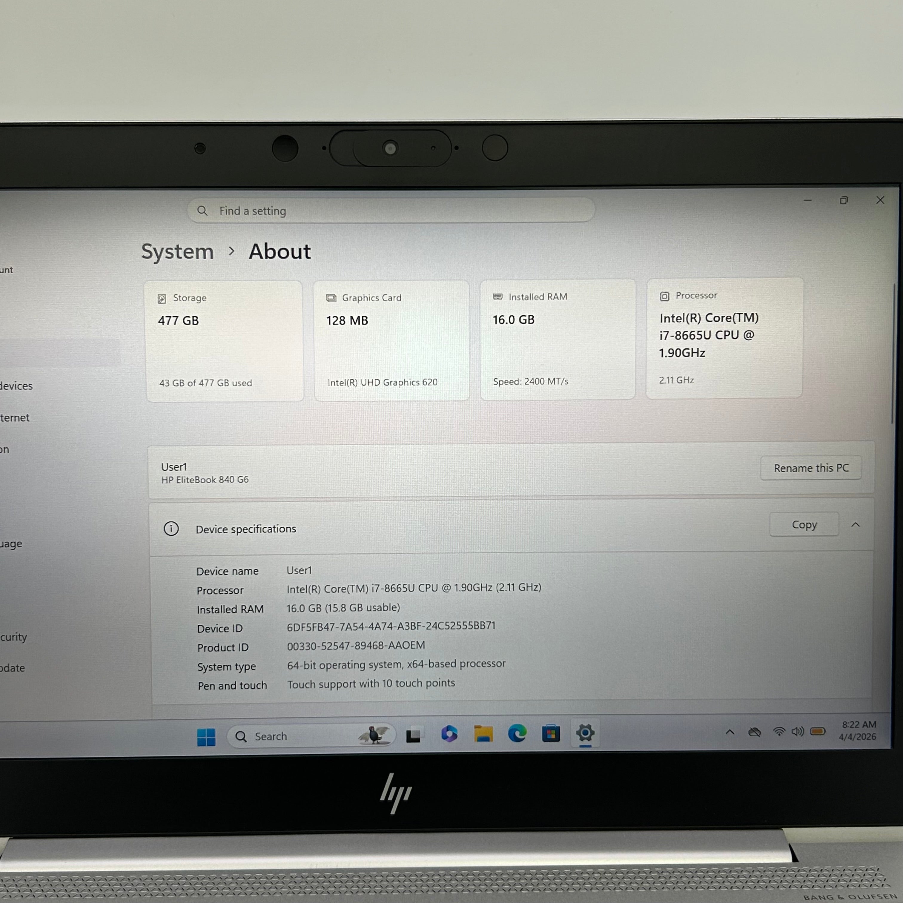 HP EliteBook 840 G6 14-inch Intel Core i7-8665U 16GB 512GB SSD Windows 11 Pro Laptop