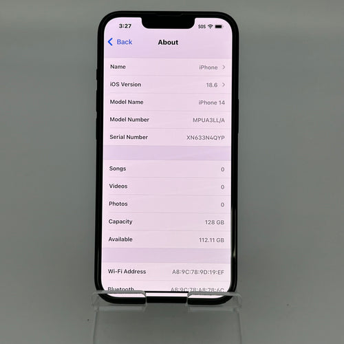 Apple iPhone 14 128GB Unlocked Midnight Black, MPUA3LL/A BH 88% Clean IMEI