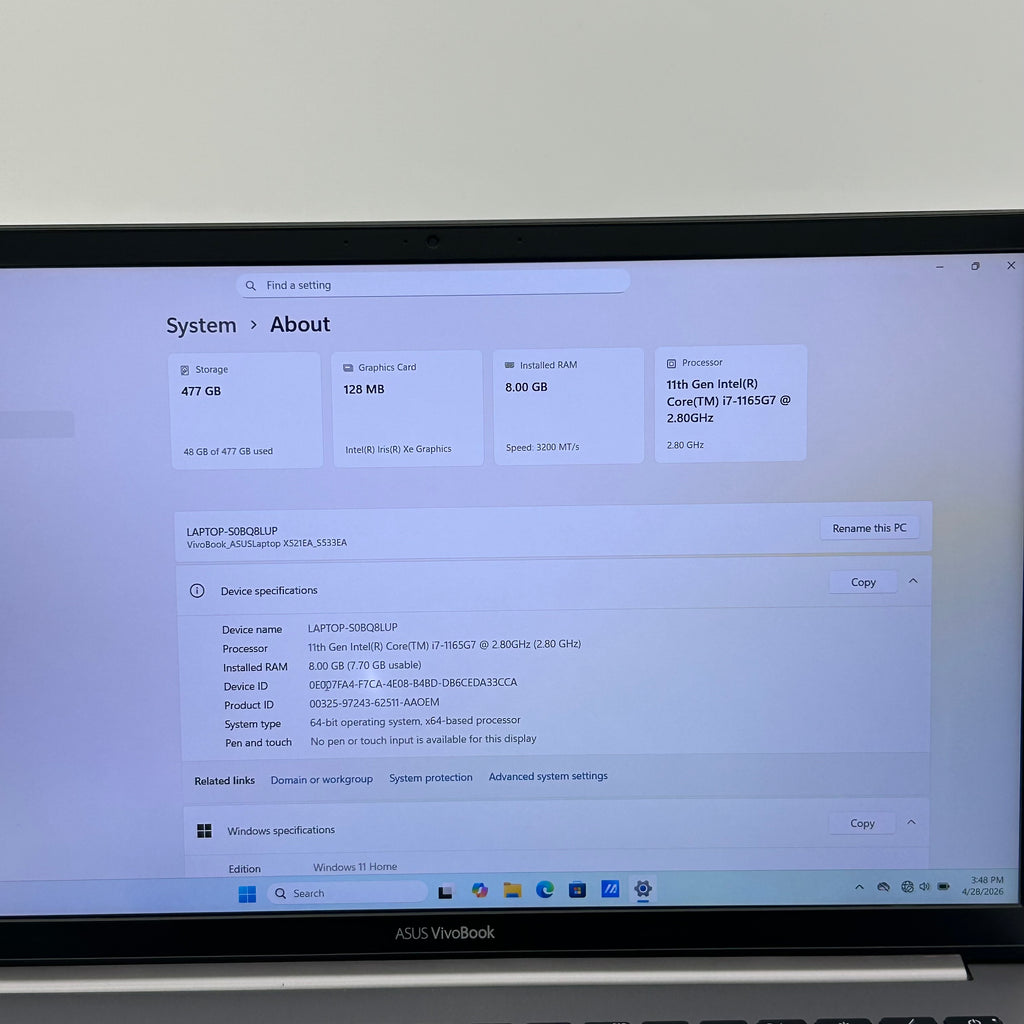 Asus VivoBook S533E 15.6" i7-1165G7 1.3GHz 8GB RAM 512GB SSD Silver Win11