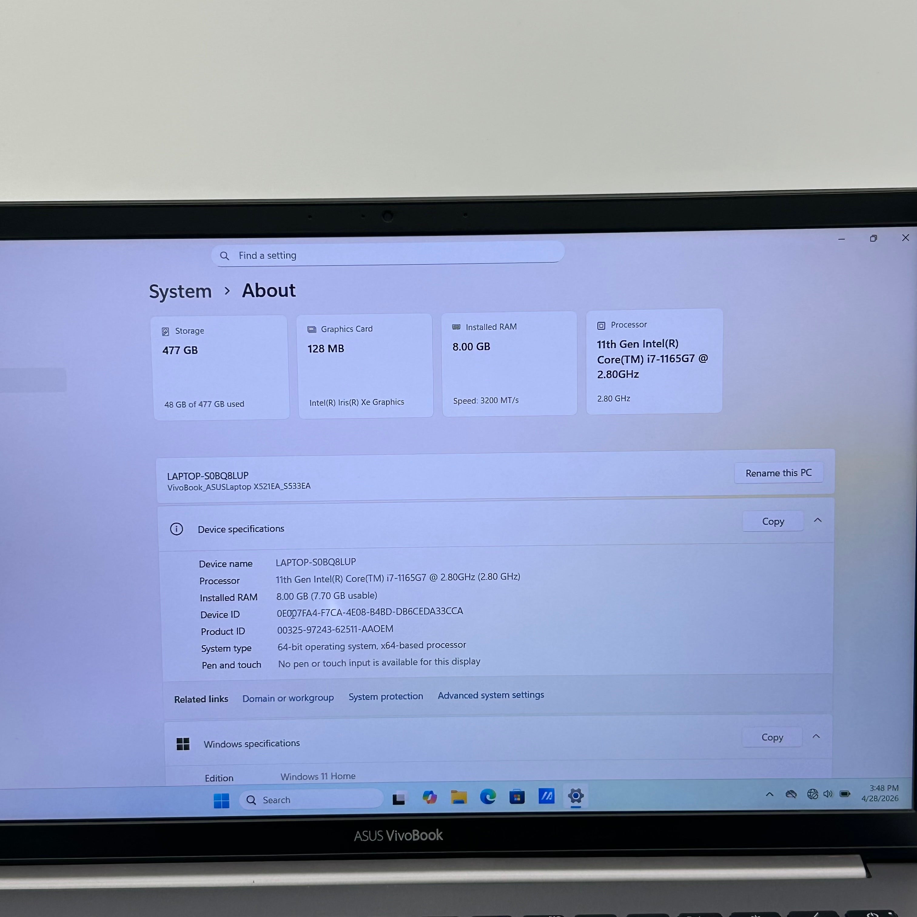 Asus VivoBook S533E 15.6" i7-1165G7 1.3GHz 8GB RAM 512GB SSD Silver Win11