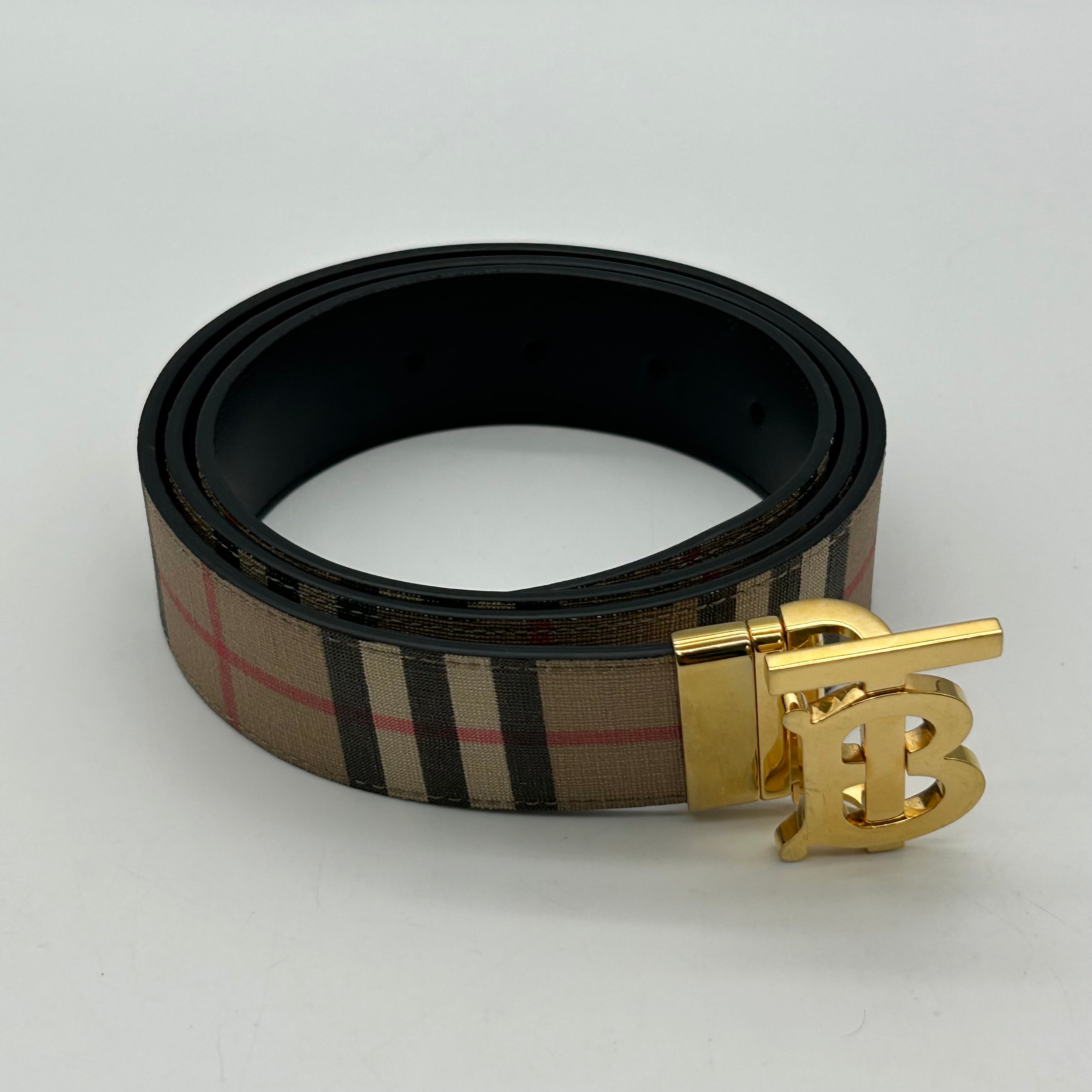 Burberry TB Monogram Reversible Belt Archive Beige Check Black Leather 40/100 Italy