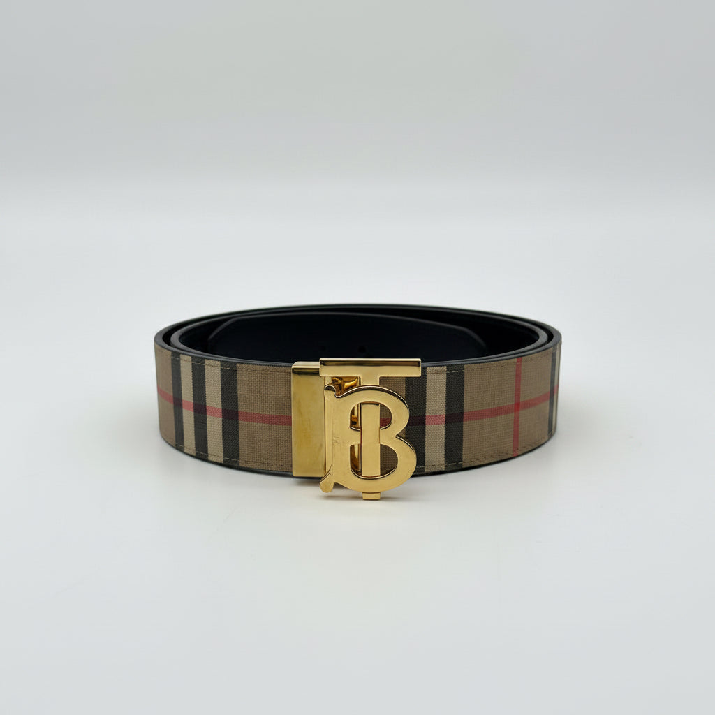 Burberry TB Monogram Reversible Belt Archive Beige Check Black Leather 40/100 Italy