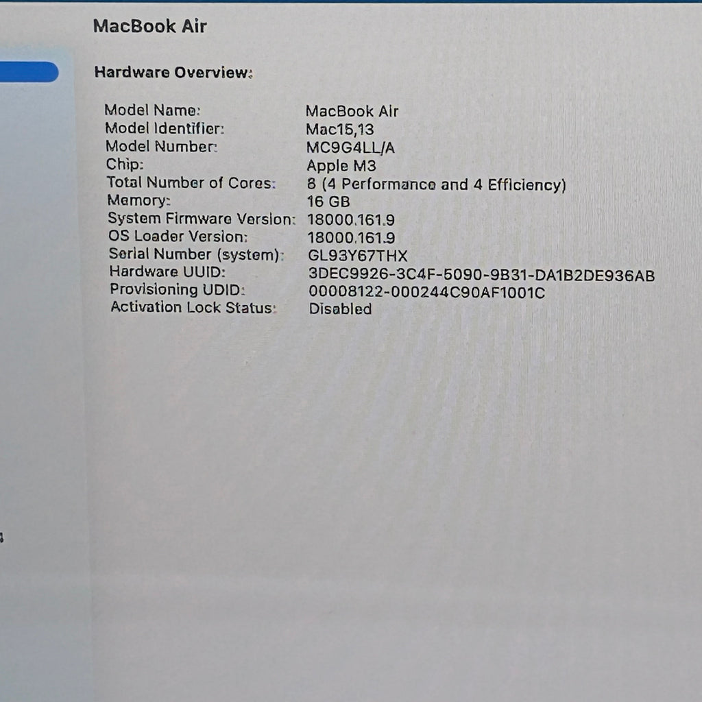 Apple MacBook Air 15" M3 A3114 2024 16GB RAM 256GB w/ Charger 94% BH