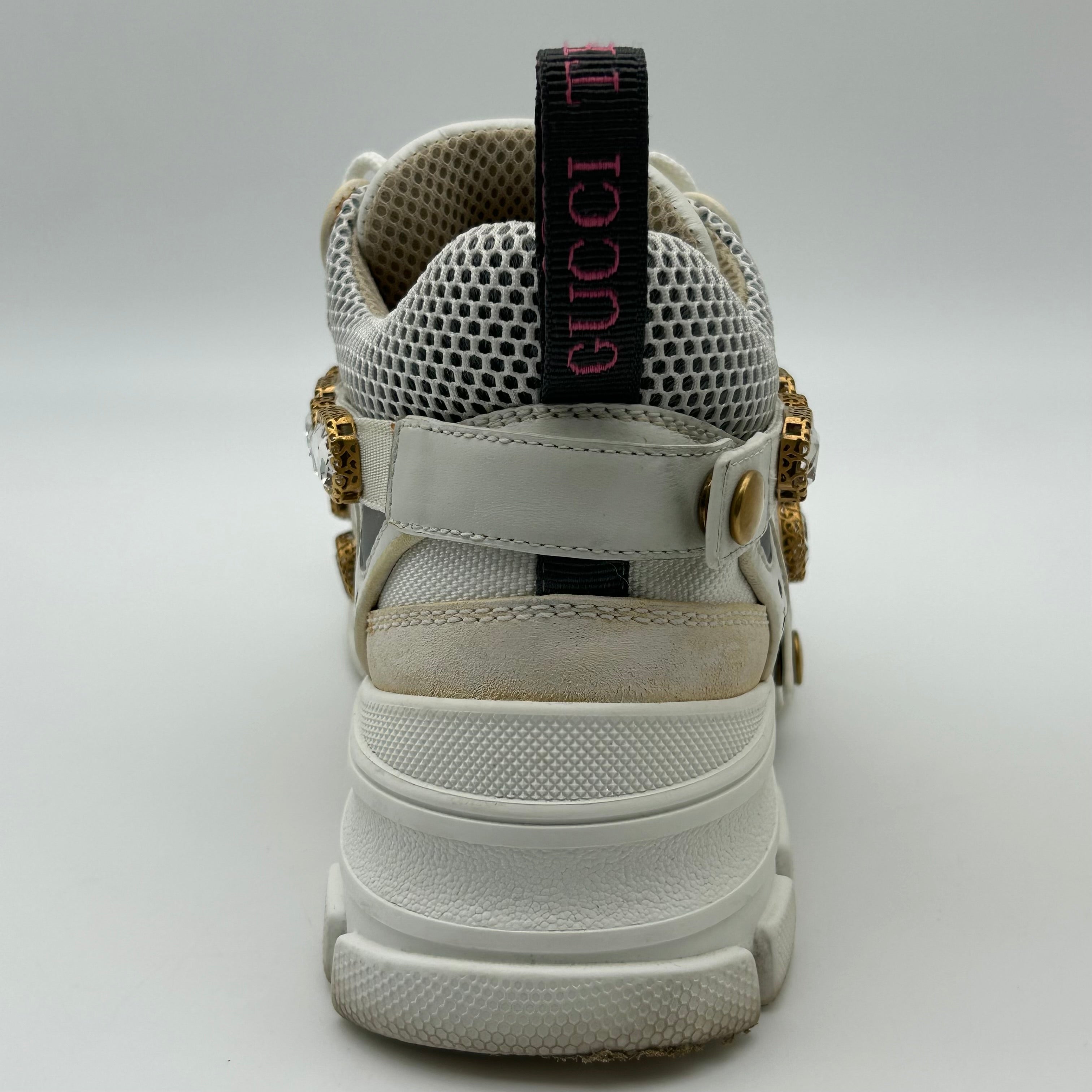 Gucci FlashTrek White Sneakers Women 6.5 Crystal Straps Authentic