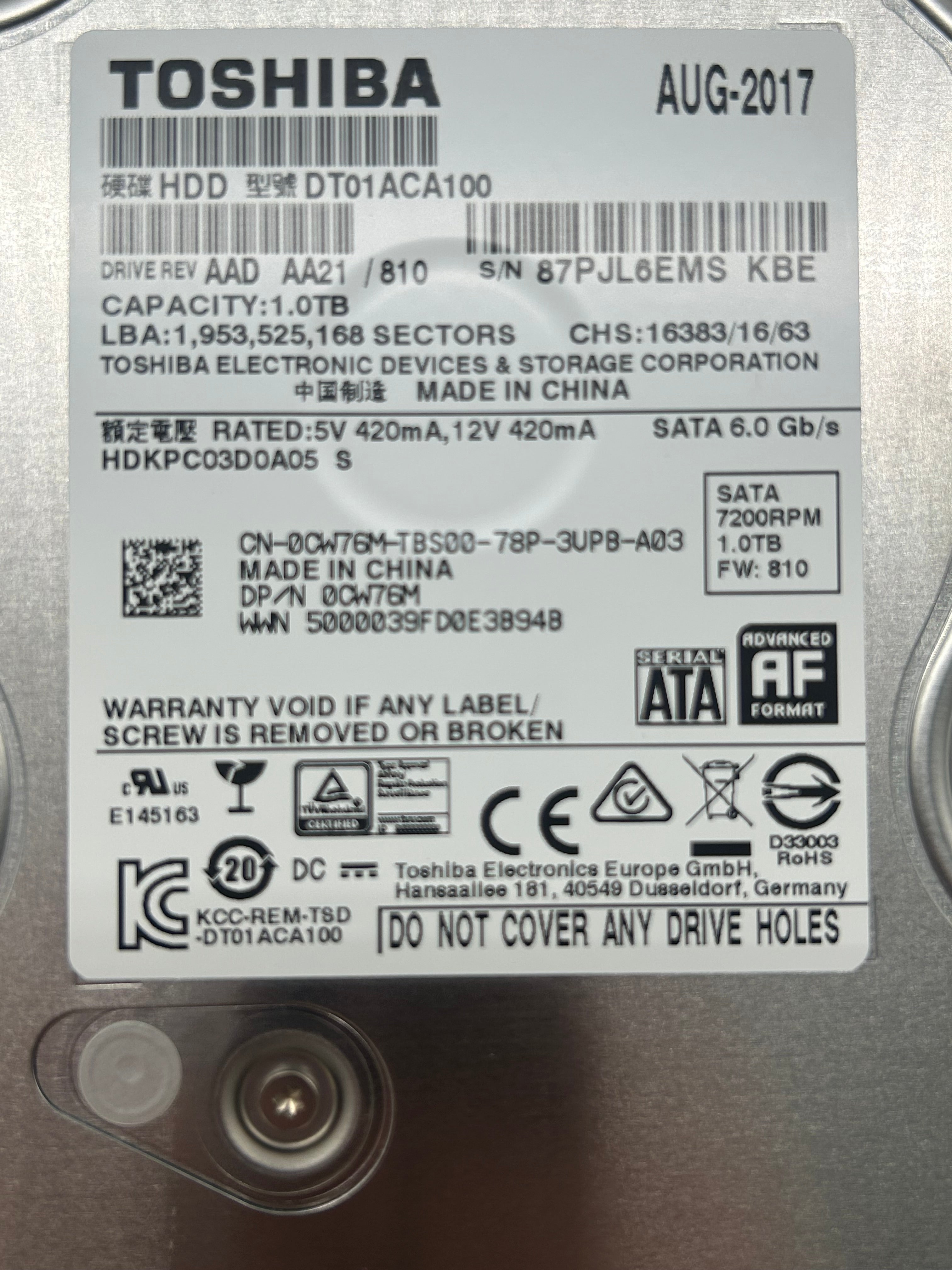 Toshiba DT01ACA100 1TB Hard Drive - Untested - Sold AS IS!