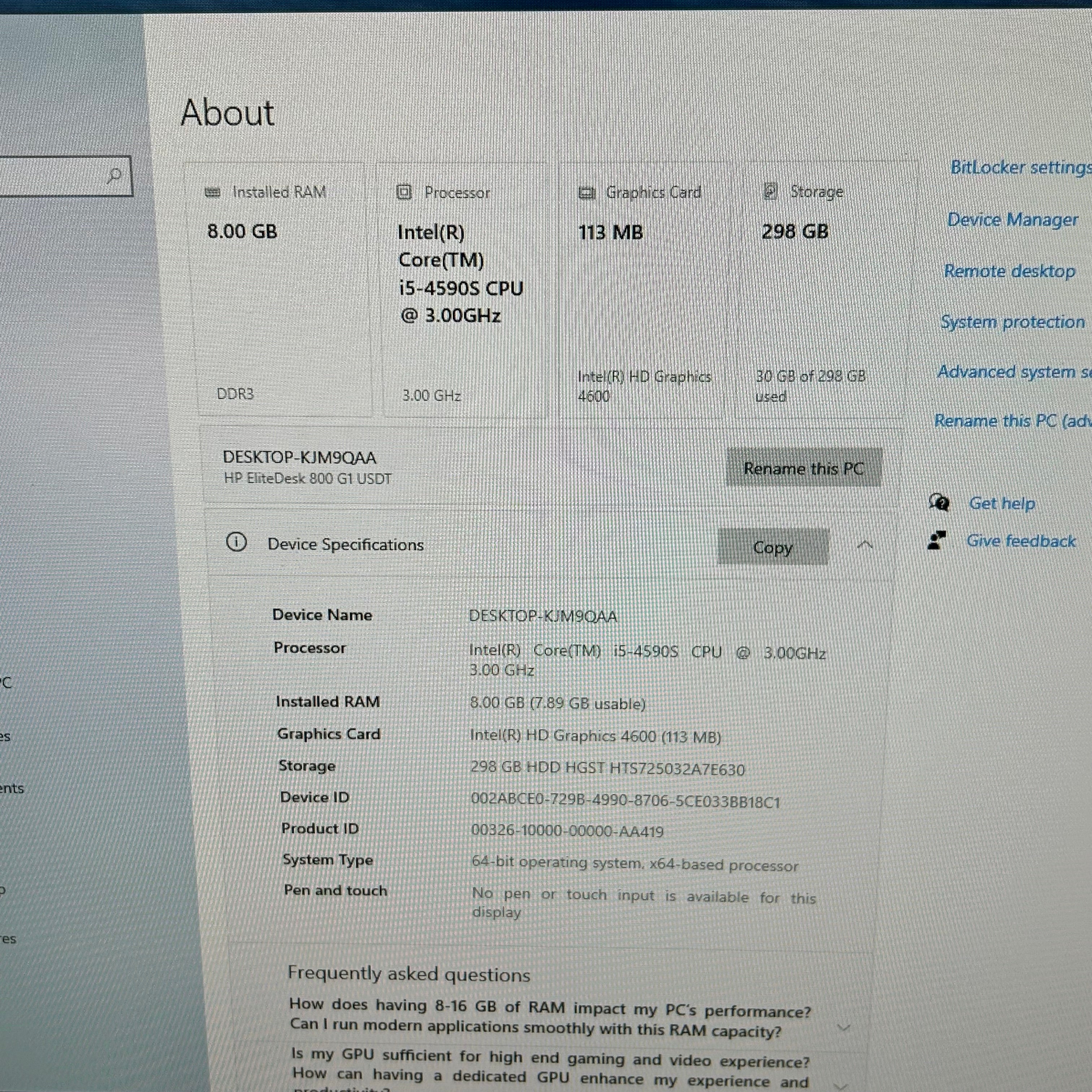 HP EliteDesk 800 G1 USDT i5-4590S 3.0GHz 8GB RAM 300GB HDD Win 10 PC With Power Cord
