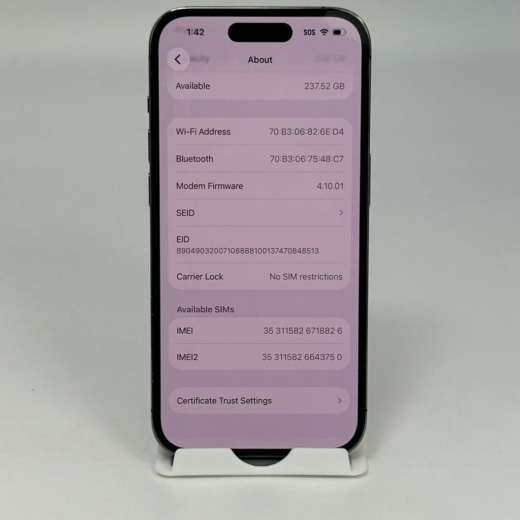 Unlocked Apple iPhone 14 Pro 256GB A2650 Deep Purple MQ1D3LL/A 78% BH