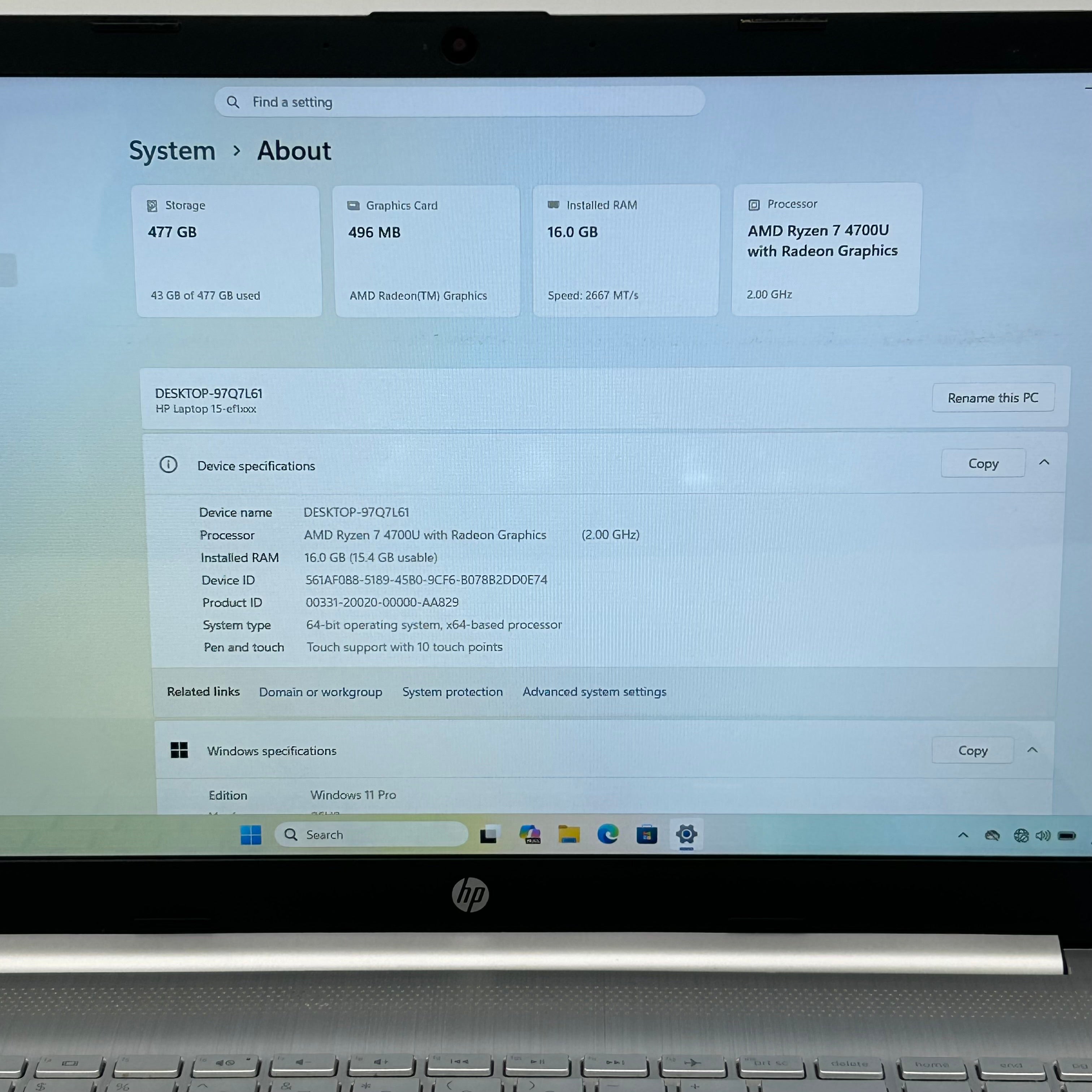 HP 15-ef1013dx 15.6-inch Laptop Ryzen 7 4700U 16GB RAM 512GB SSD Windows 11 Pro Silver