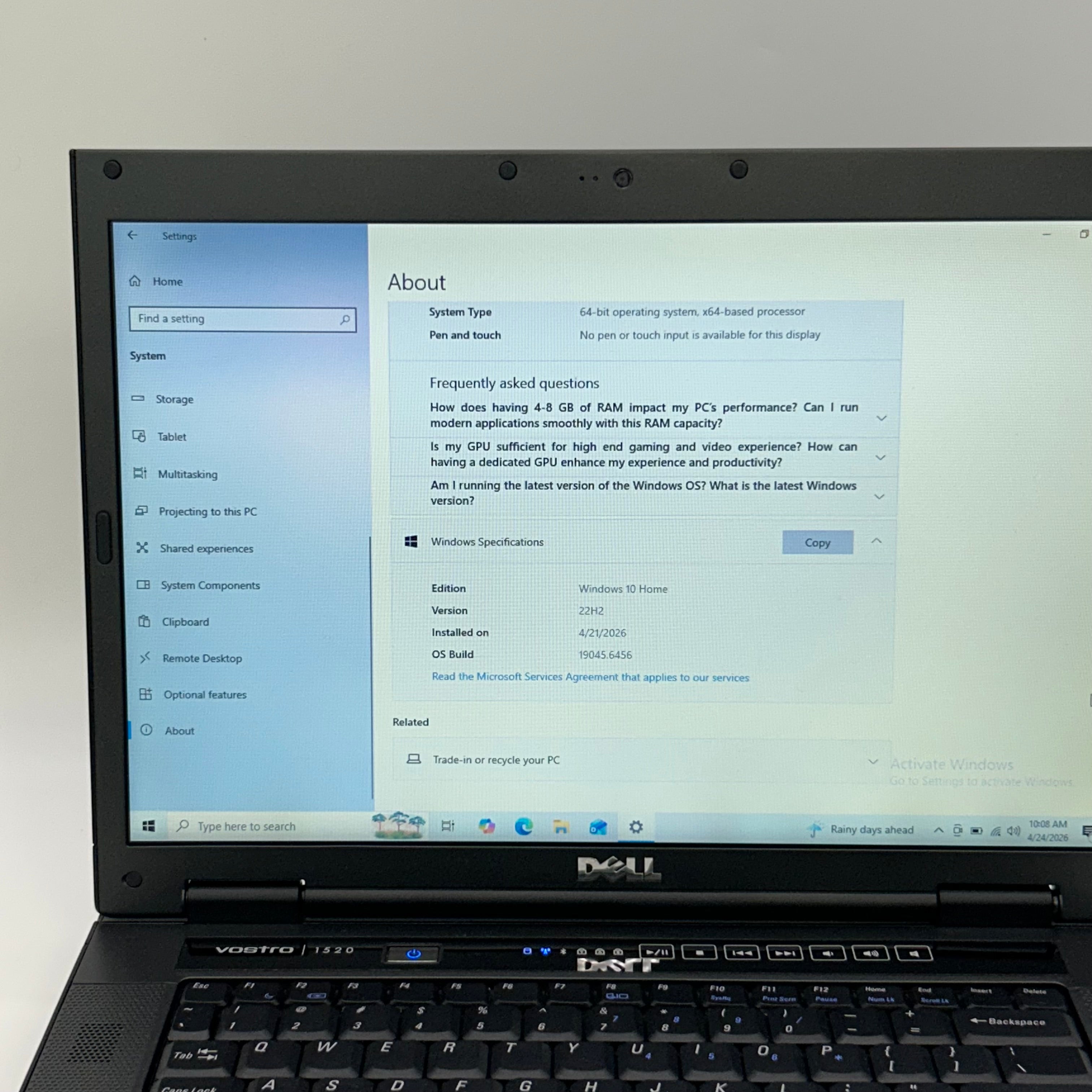 Dell Vostro 1520 15" Laptop Core 2 Duo T6570 4gb Ram 320gb HDD Windows 10 Home