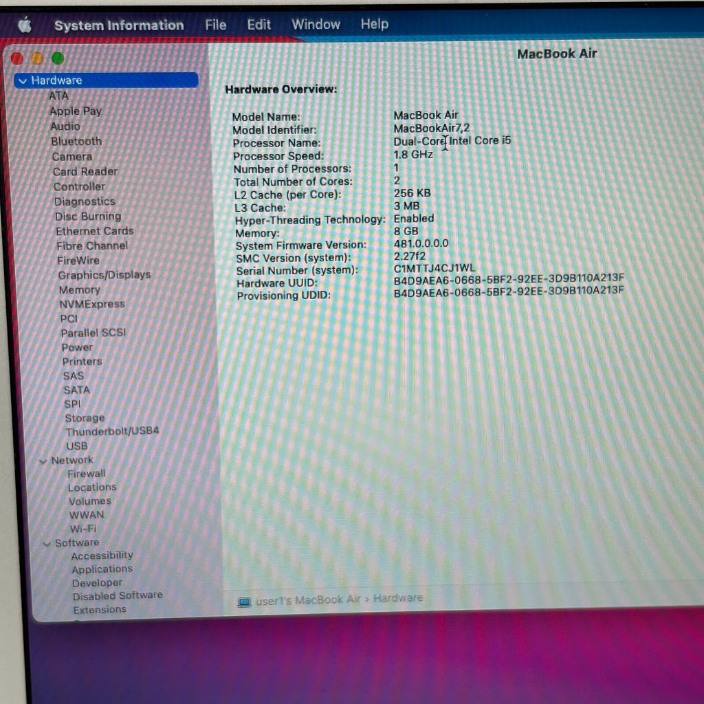 Apple MacBook Air 13" 2017 A1466 Core i5 1.8GHZ 8GB 256GB SSD  - Silver - Used