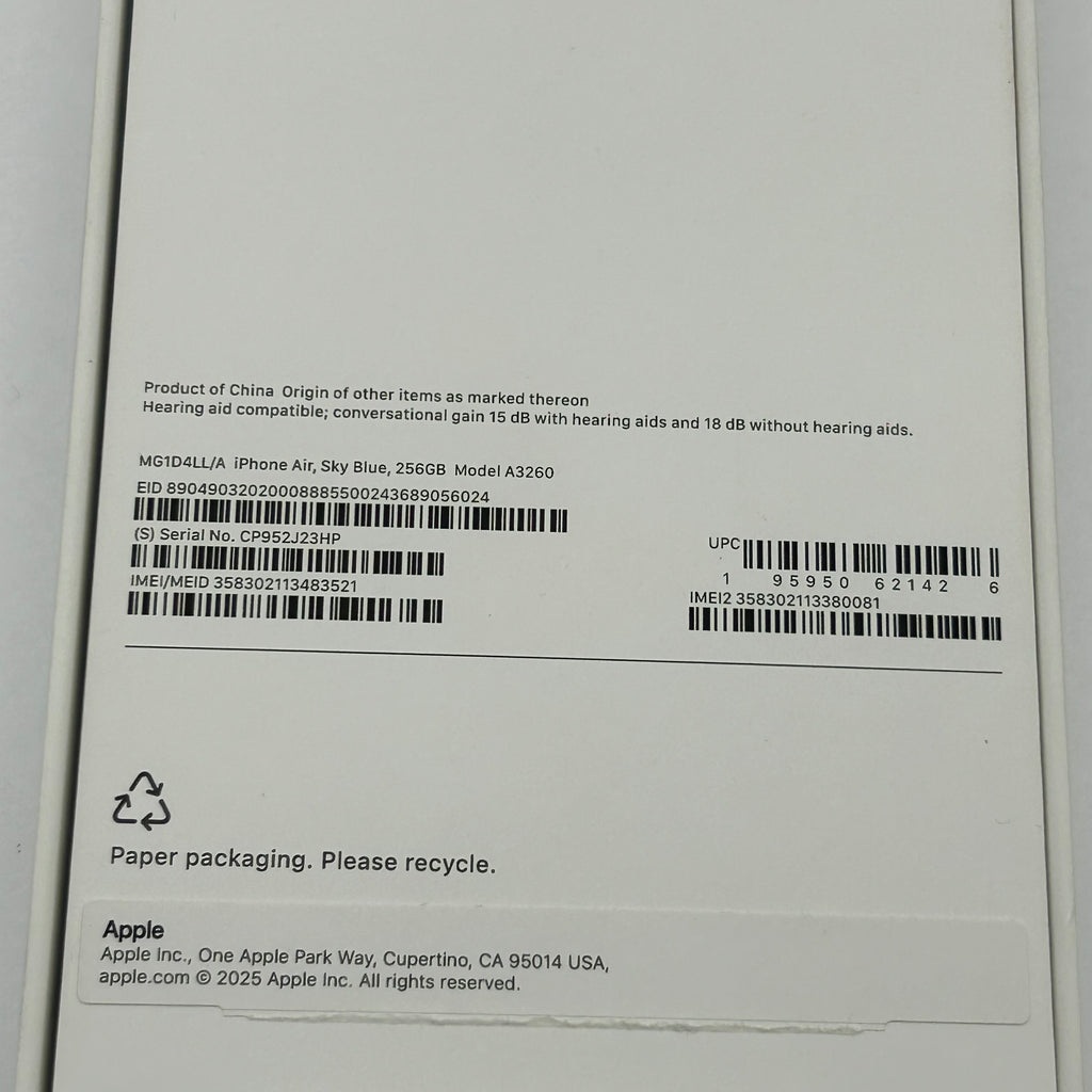 Apple iPhone 17 Air - 256GB - Sky Blue (Unlocked) A3260 Mint 100% BH 8 Cycle