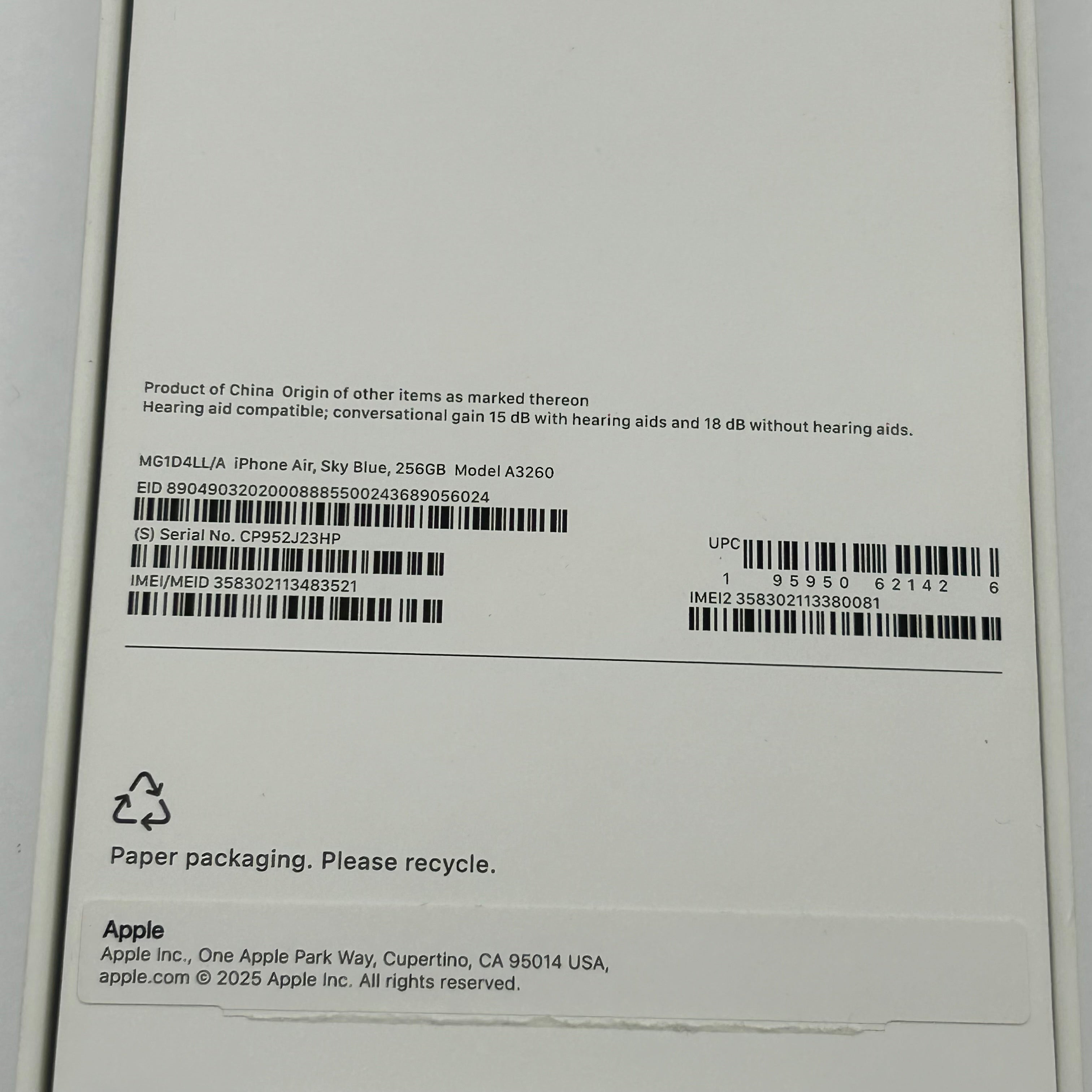 Apple iPhone 17 Air - 256GB - Sky Blue (Unlocked) A3260 Mint 100% BH 8 Cycle