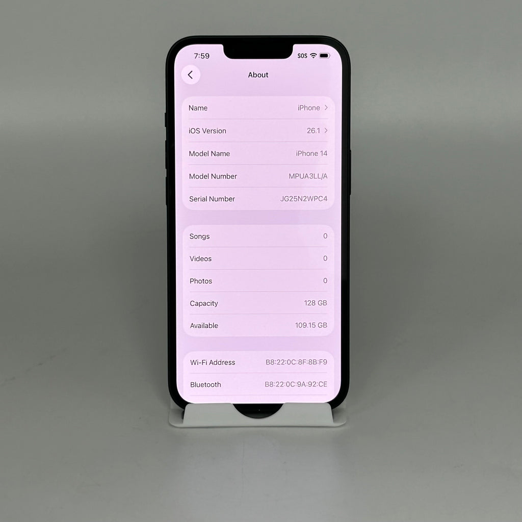 T-Mobile Apple iPhone 14 A2649 128GB Midnight 100%BH - PARTS ONLY!