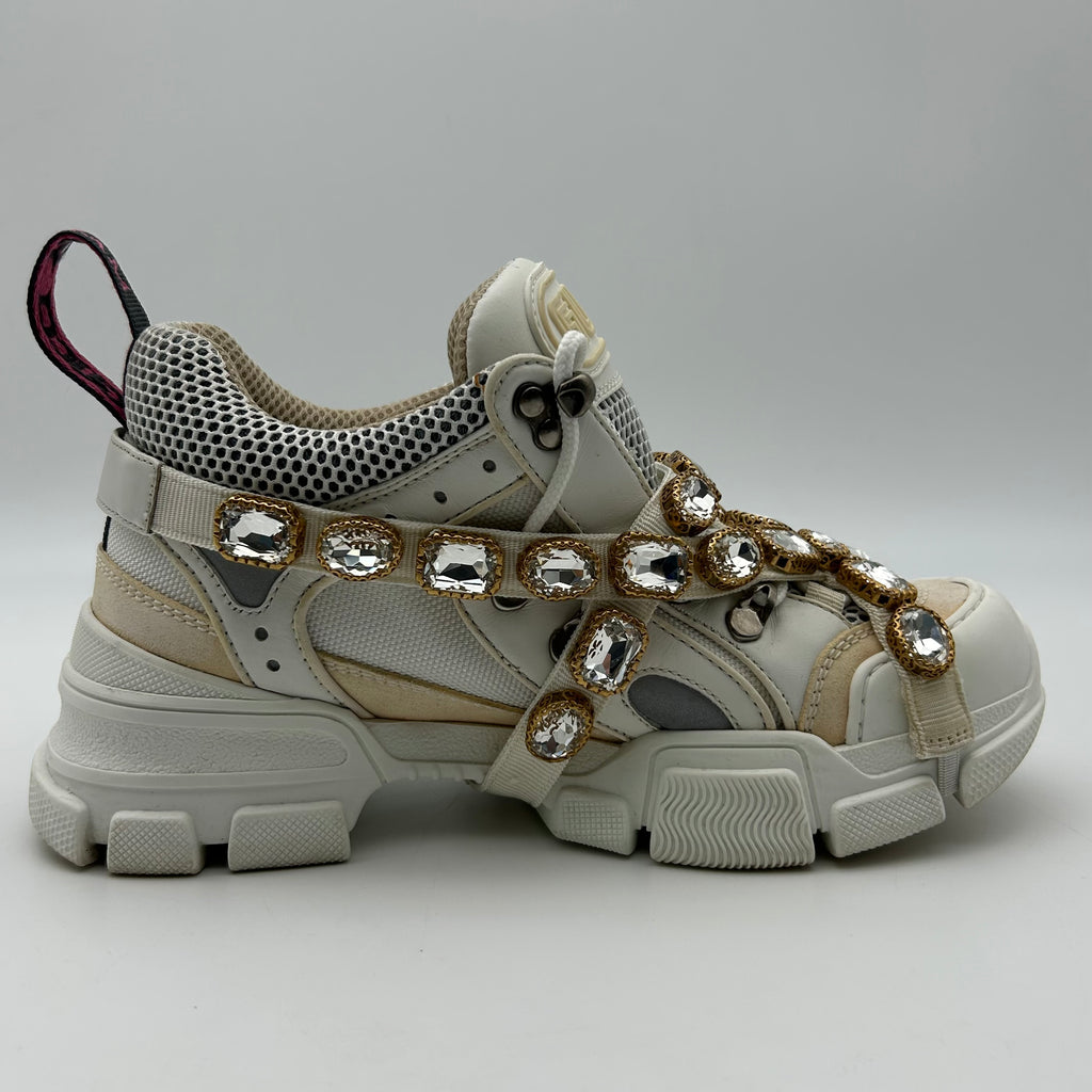 Gucci FlashTrek White Sneakers Women 6.5 Crystal Straps Authentic