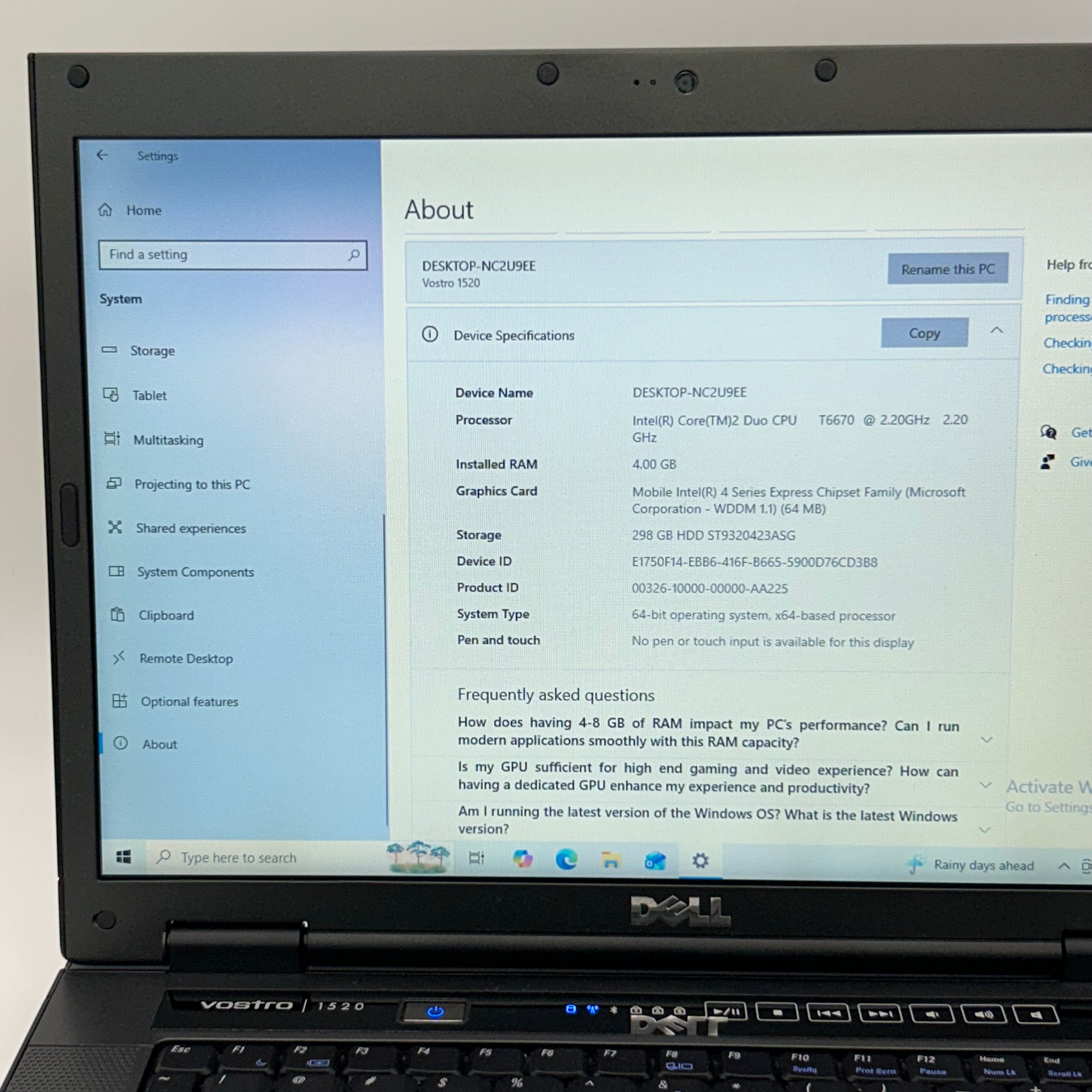 Dell Vostro 1520 15" Laptop Core 2 Duo T6570 4gb Ram 320gb HDD Windows 10 Home