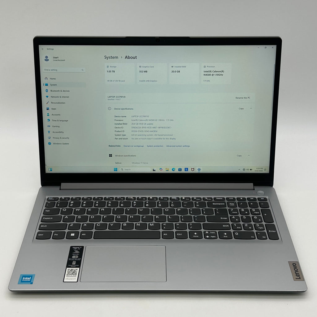 Lenovo IdeaPad 1 15IJL7 15.6" Laptop Intel Celeron N4500 20GB RAM 1TB SSD Gray