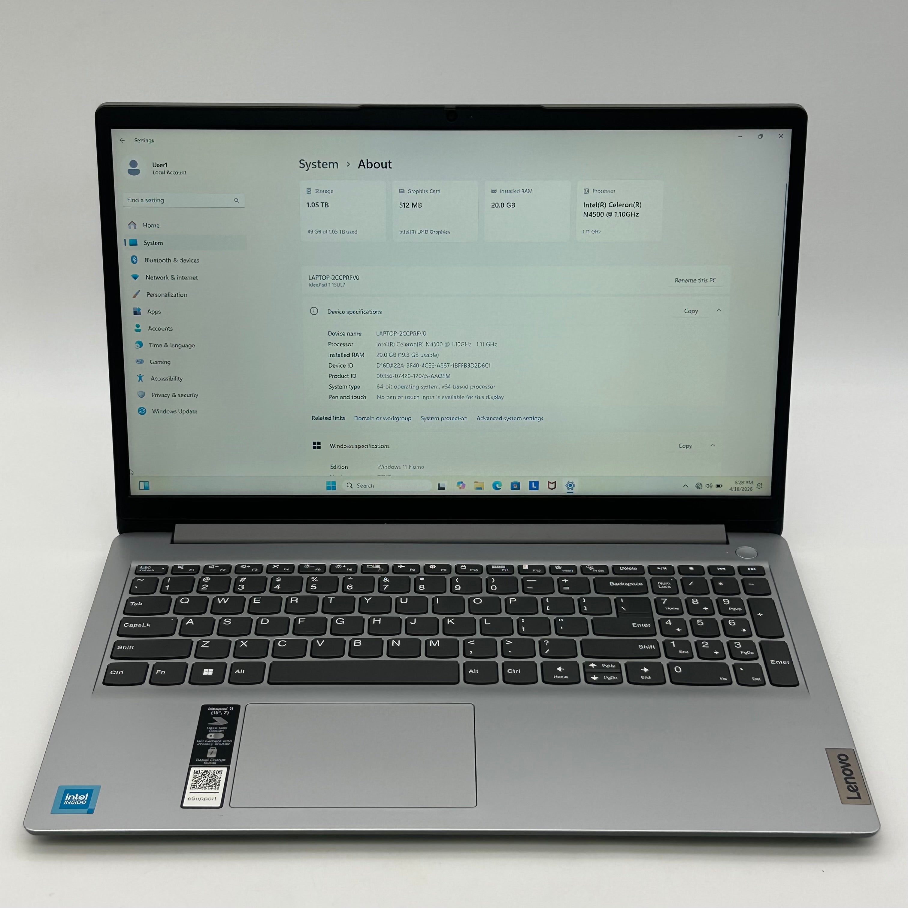 Lenovo IdeaPad 1 15IJL7 15.6" Laptop Intel Celeron N4500 20GB RAM 1TB SSD Gray
