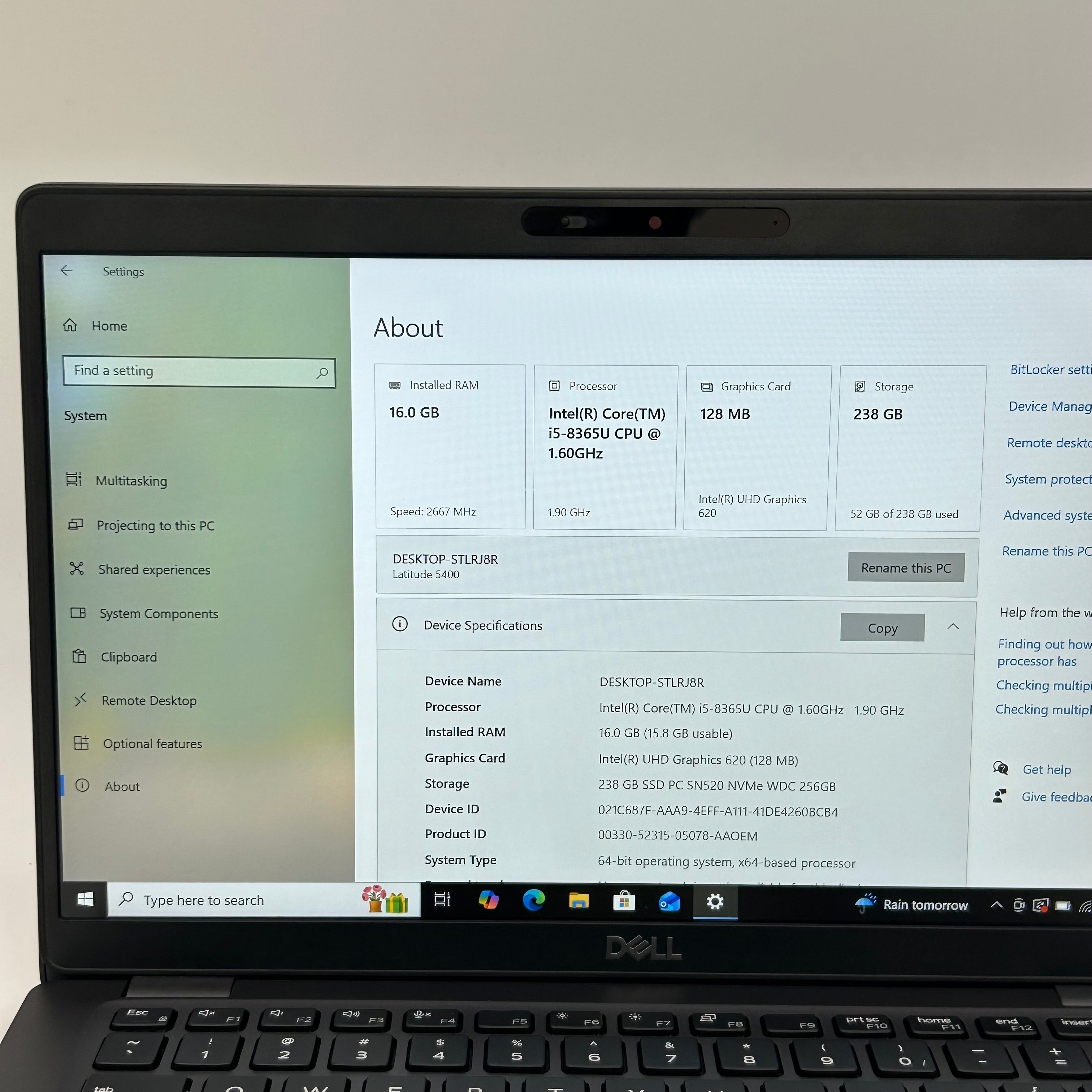 Dell Latitude 5400 14-inch Laptop i5-8365U 16GB RAM 256GB SSD