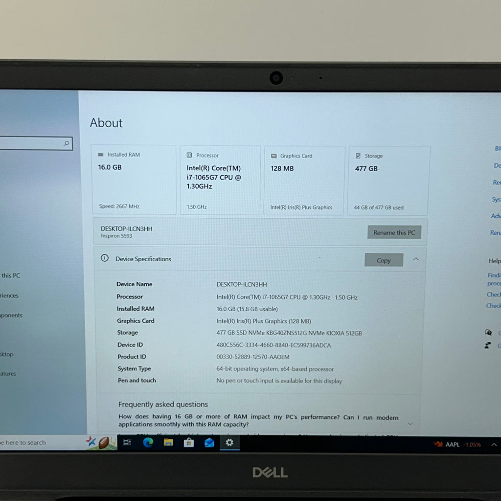 Dell Inspiron 5593 Laptop i7-1065G7 16GB 512GB SSD 15.6-inch FHD Windows 10 Home