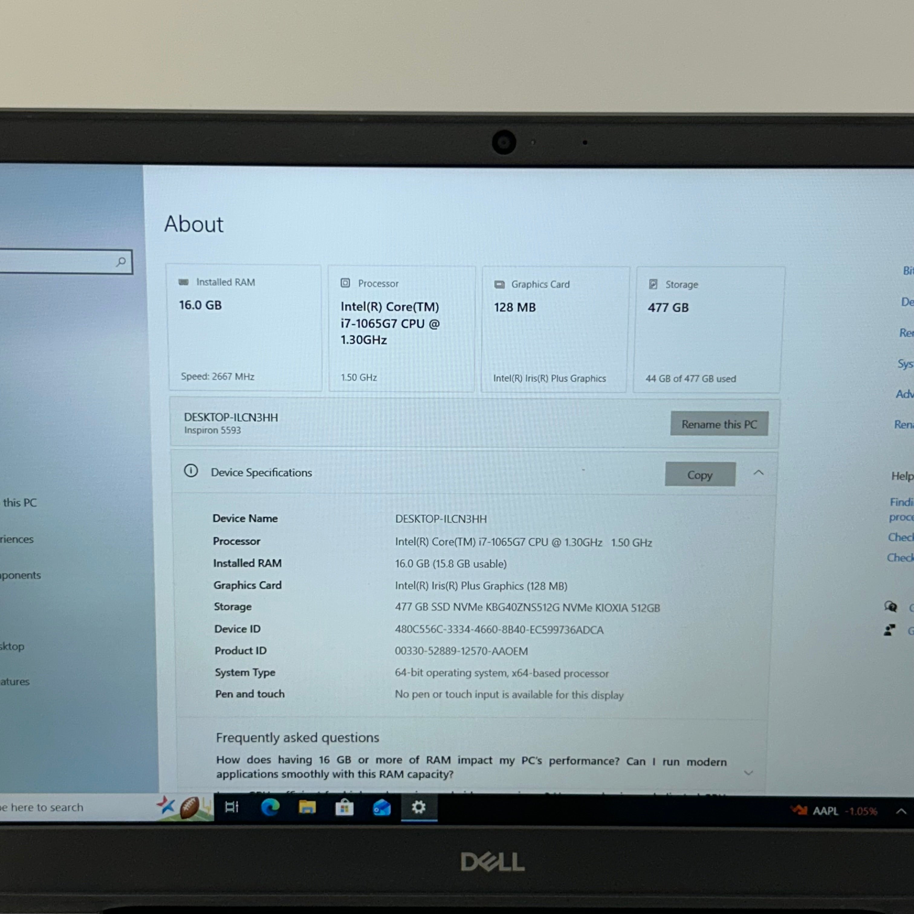 Dell Inspiron 5593 Laptop i7-1065G7 16GB 512GB SSD 15.6-inch FHD Windows 10 Home
