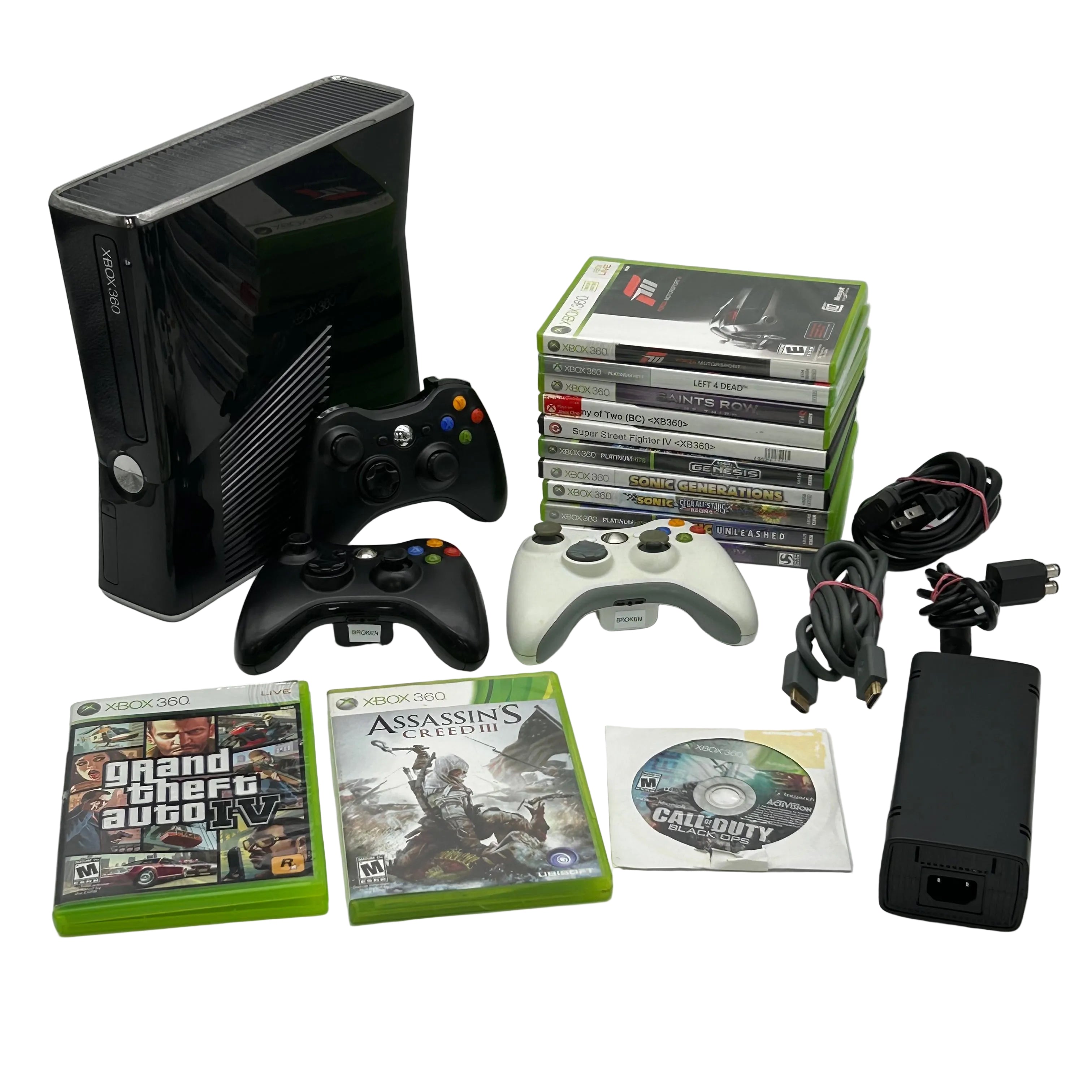 Xbox 360 Slim 250GB Gaming Set – 13 Games & 3 Controllers: 1 Functional & 2 Defective - Used