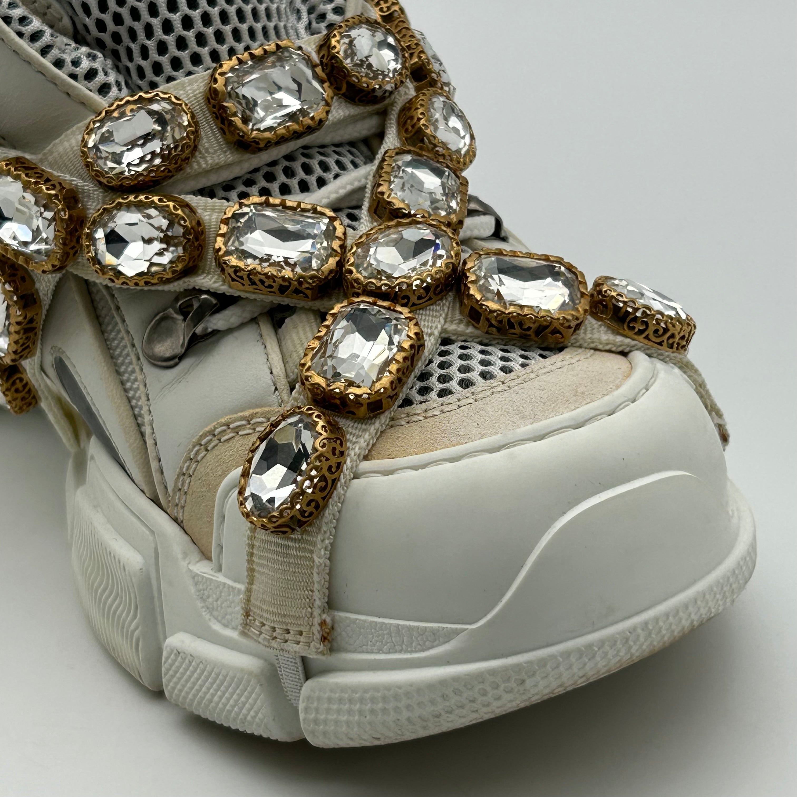 Gucci FlashTrek White Sneakers Women 6.5 Crystal Straps Authentic