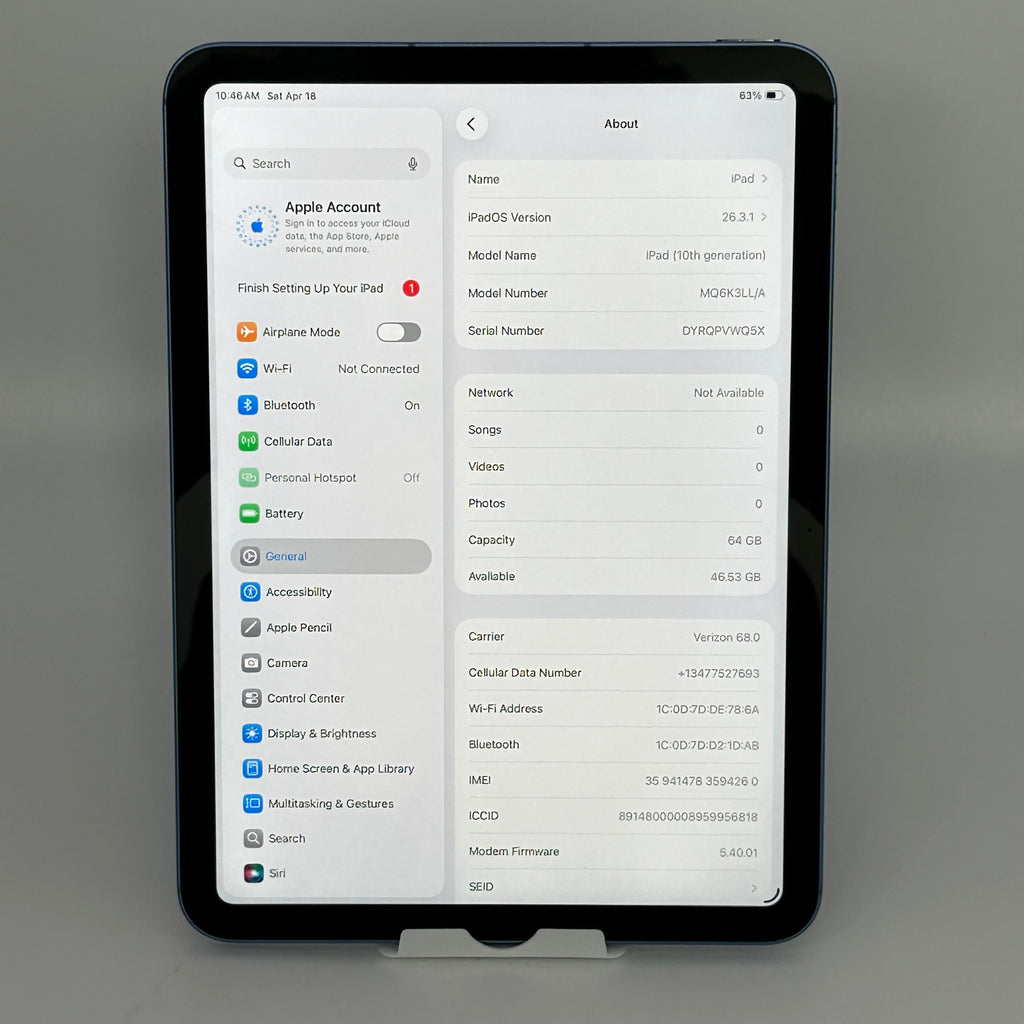 Unlocked Apple iPad (10th Gen) A2757 64GB Blue (Wi-Fi+Cellular) 10.9 MQ6K3LL/A