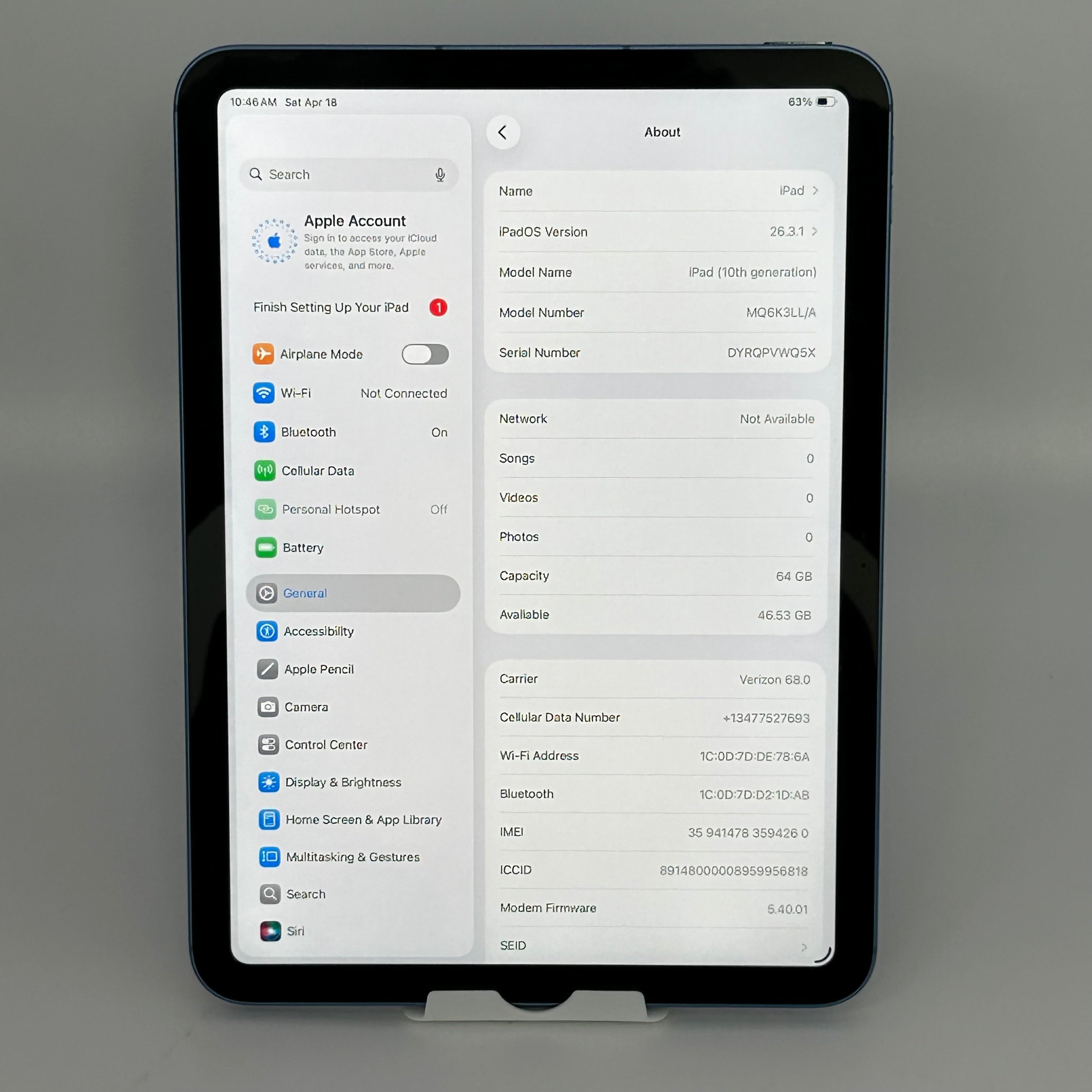 Unlocked Apple iPad (10th Gen) A2757 64GB Blue (Wi-Fi+Cellular) 10.9 MQ6K3LL/A