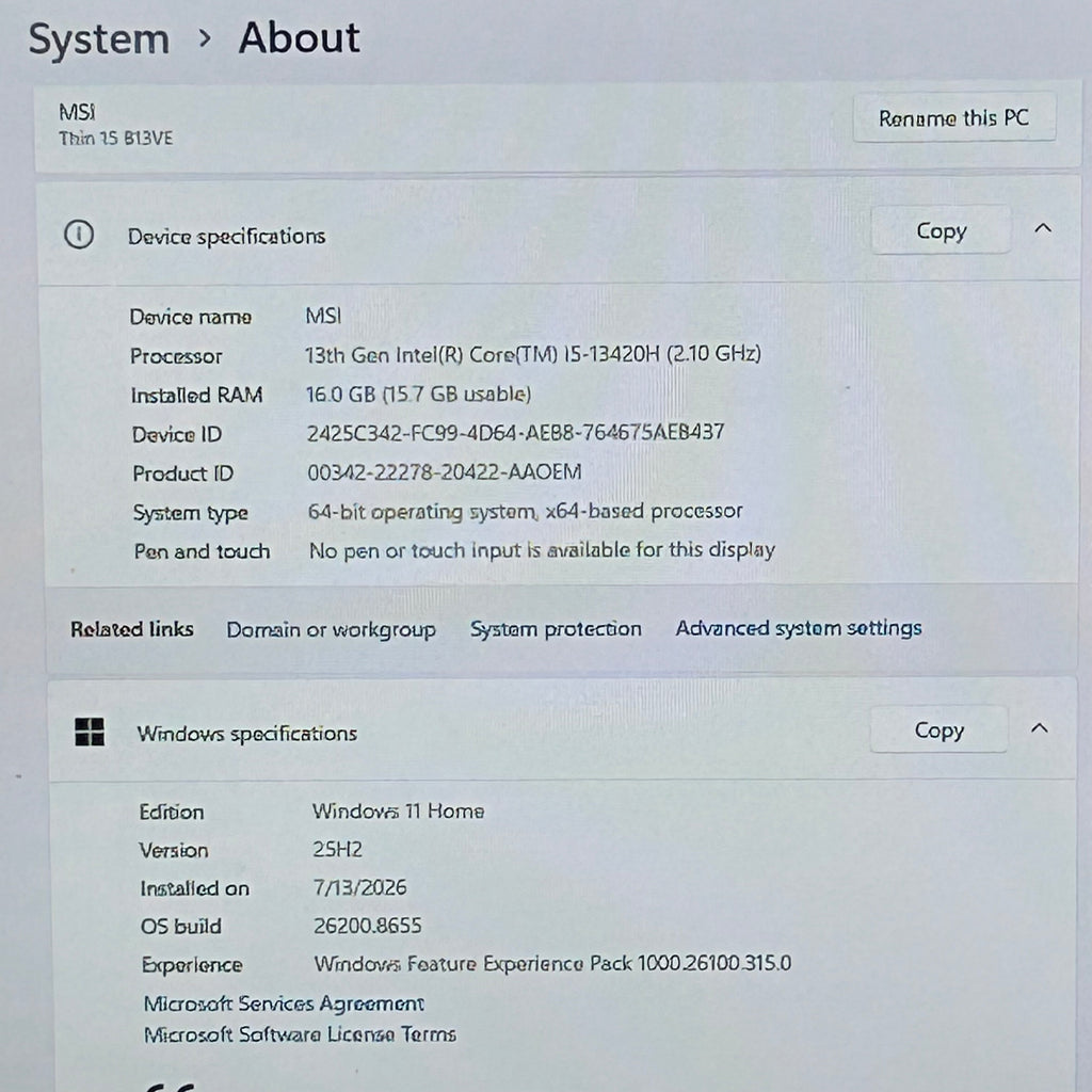 MSI Thin 15 B13VE 15-inch Laptop Core i5 13th Gen RTX 4050 16GB RAM 500GB SSD
