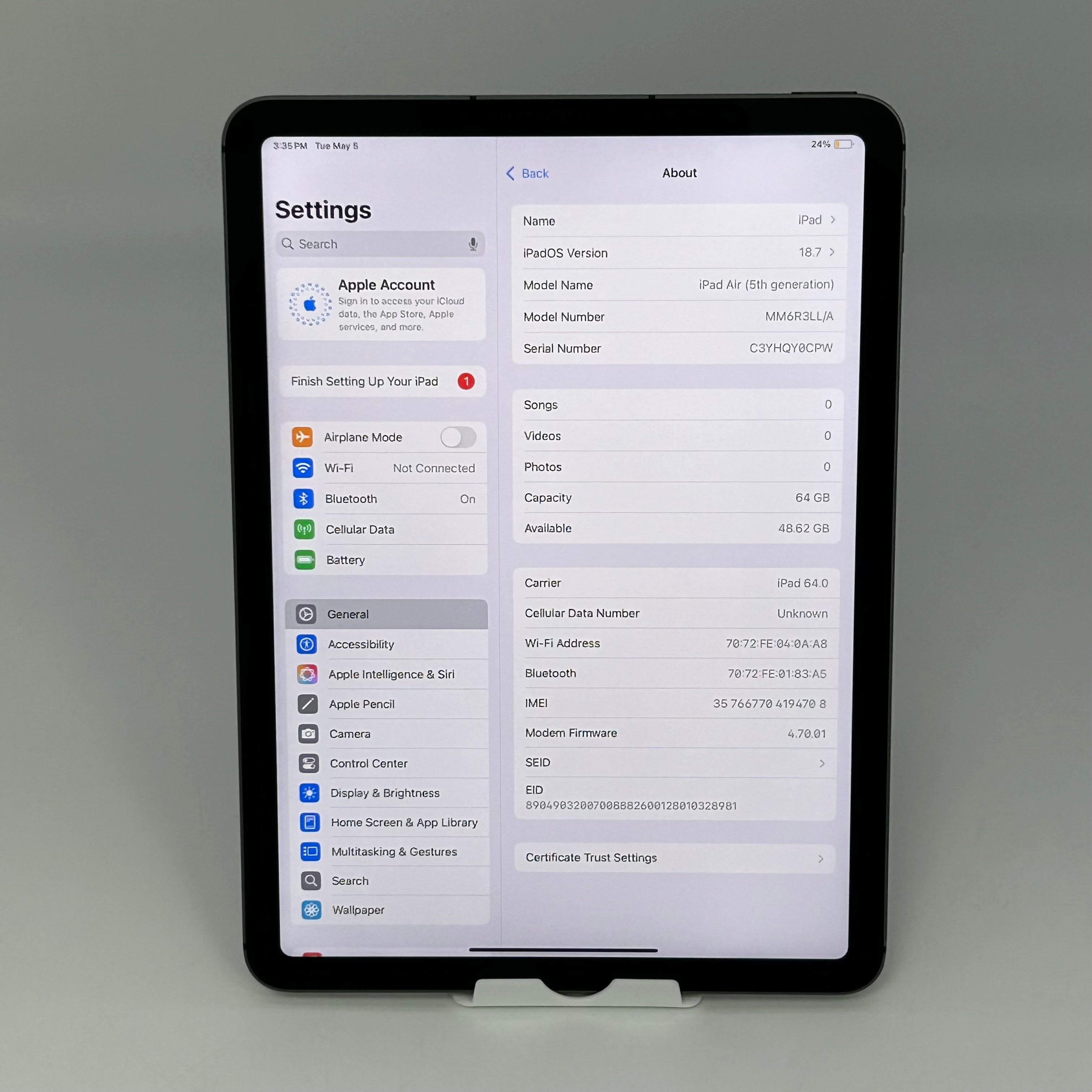 Apple iPad Air 5th Generation A2589 64GB Gray WiFi + Cellular Tablet
