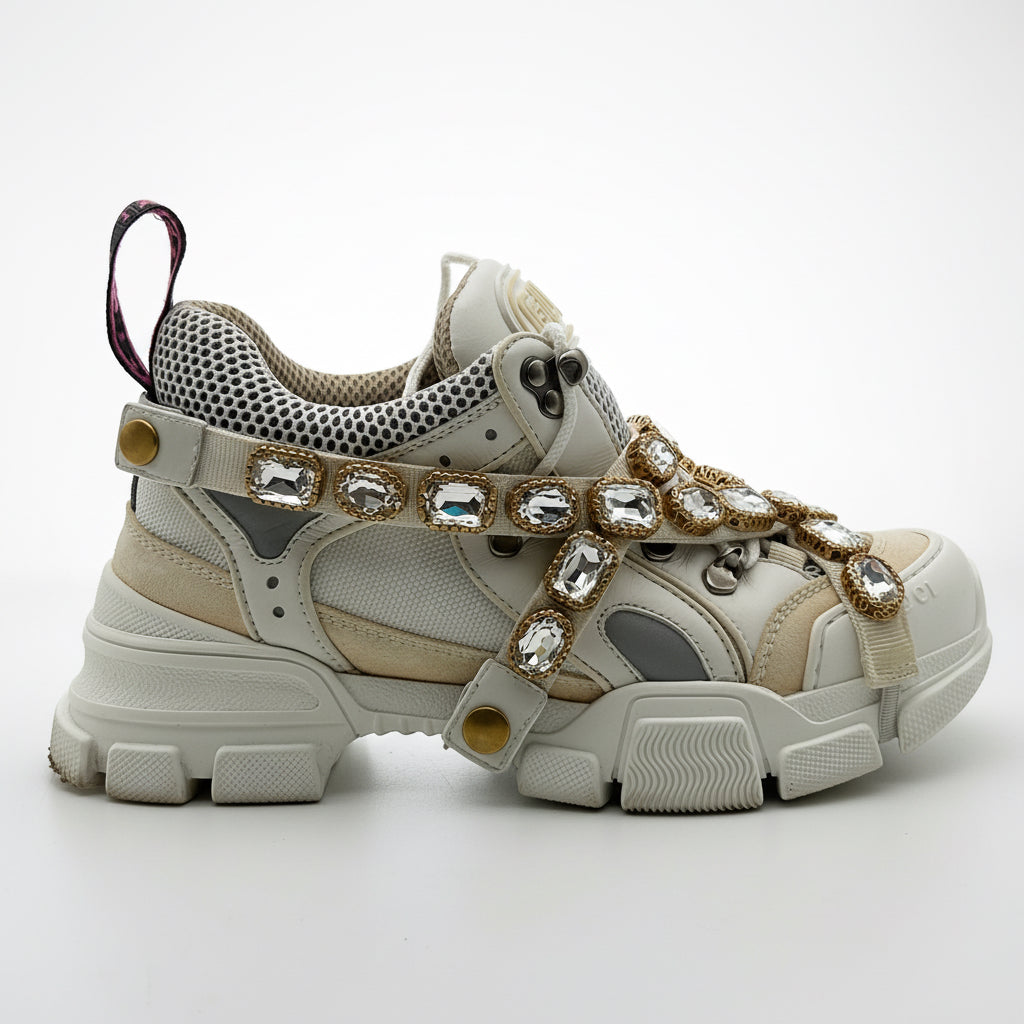 Gucci FlashTrek White Sneakers Women 6.5 Crystal Straps Authentic