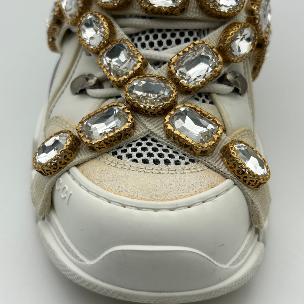Gucci FlashTrek White Sneakers Women 6.5 Crystal Straps Authentic