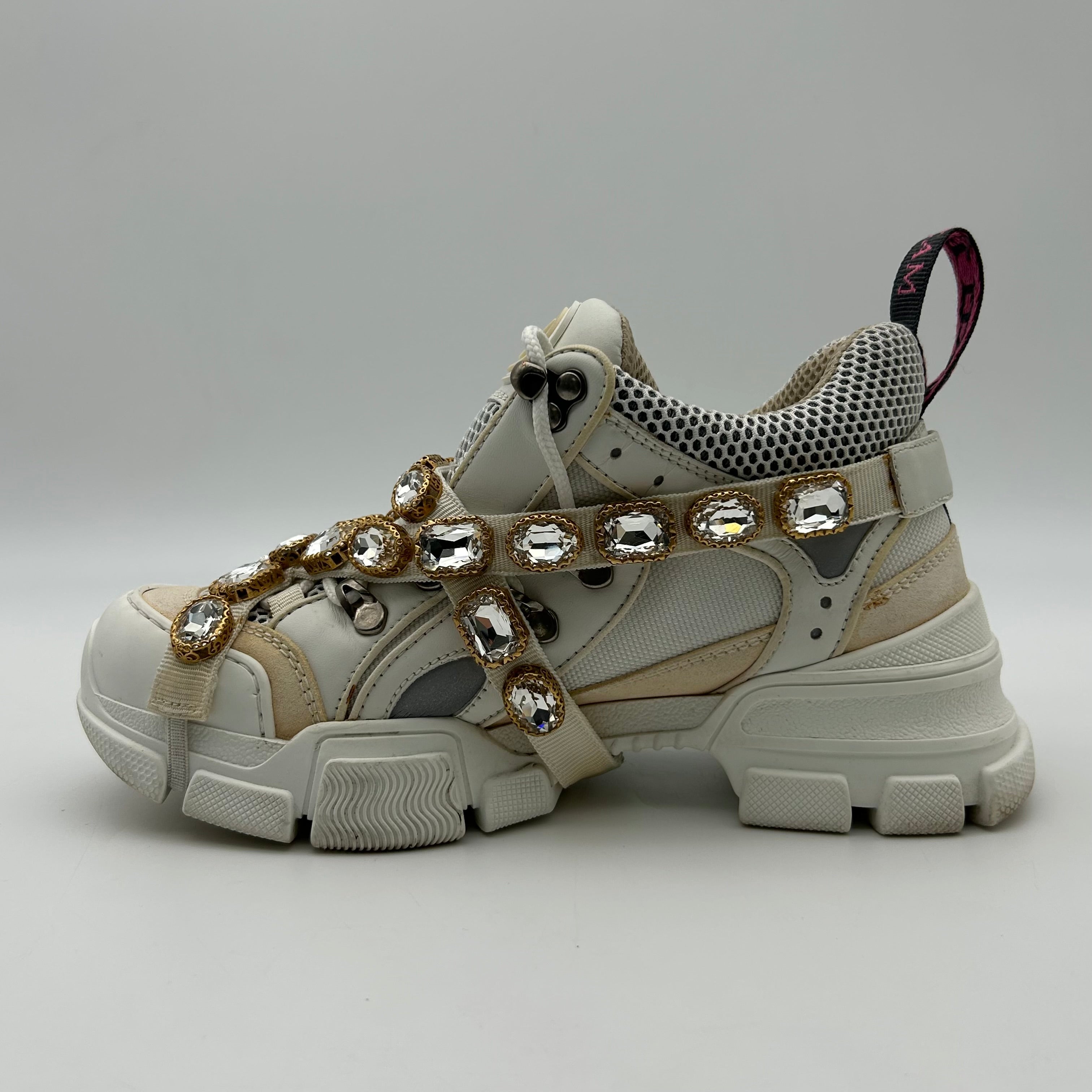 Gucci FlashTrek White Sneakers Women 6.5 Crystal Straps Authentic