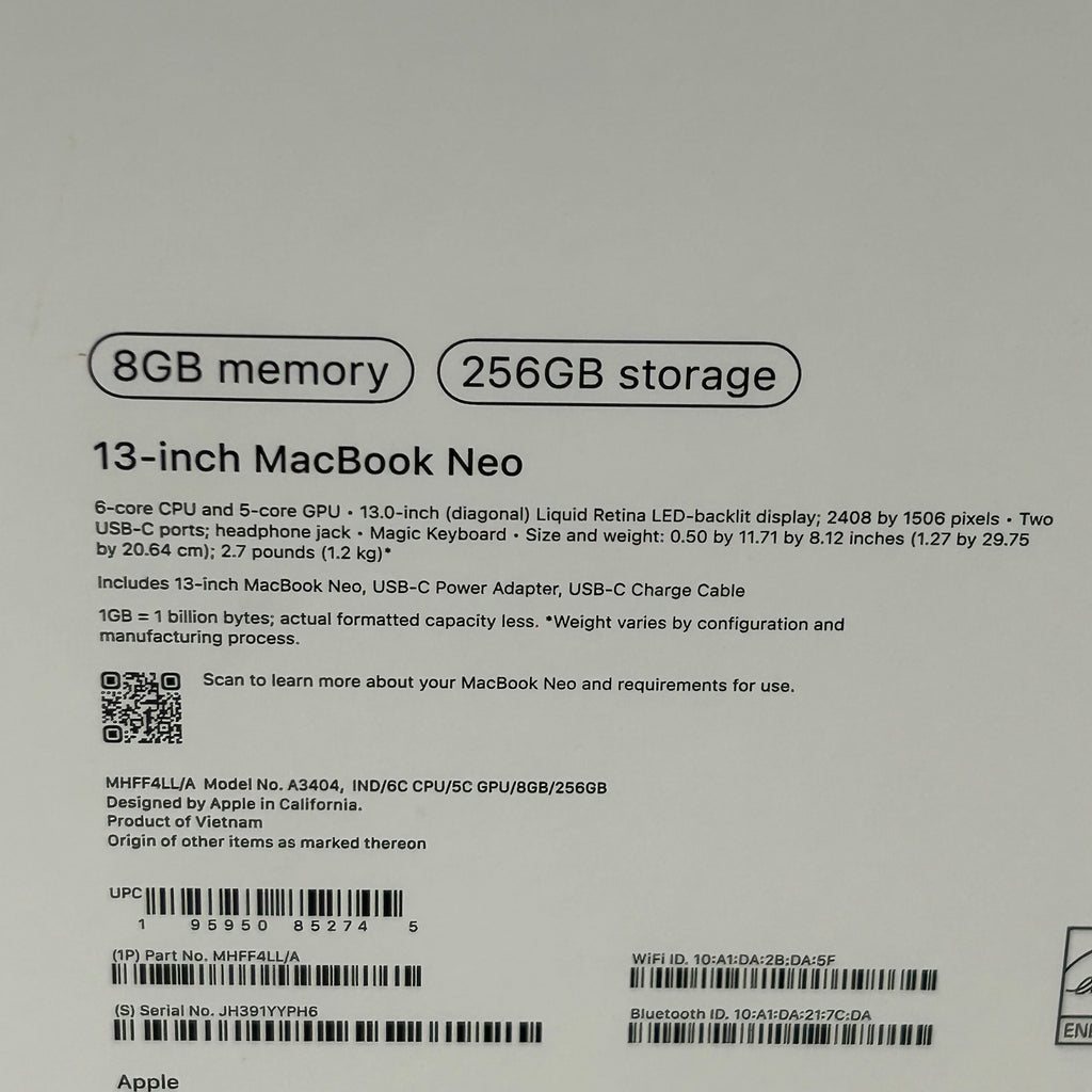 NEW Apple MacBook Neo A18 Pro 8GB RAM 256GB SSD - INDIGO - MHFF4LL/A - A3404